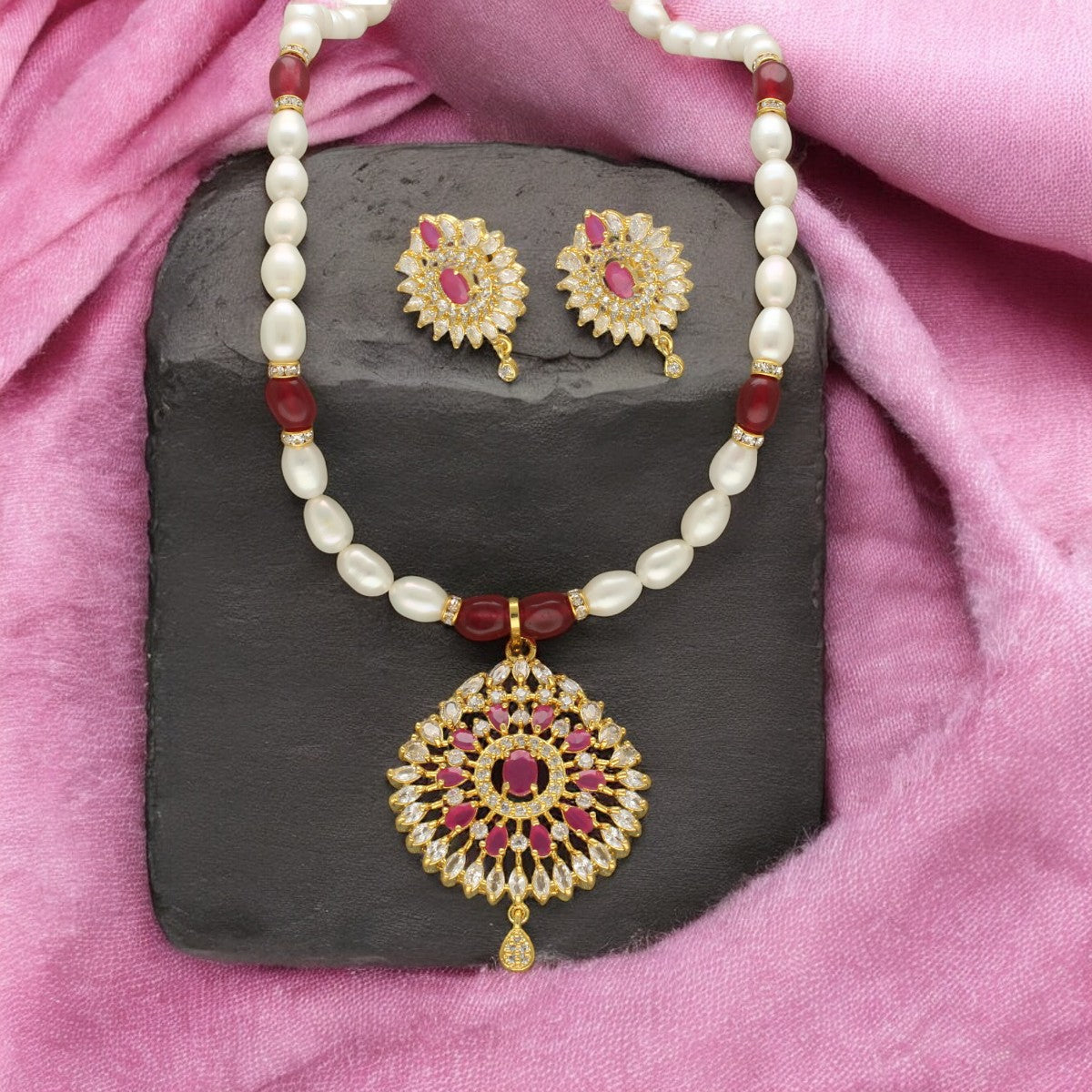J Pearls Rinay Pearl Necklace Set - Swadesiicart