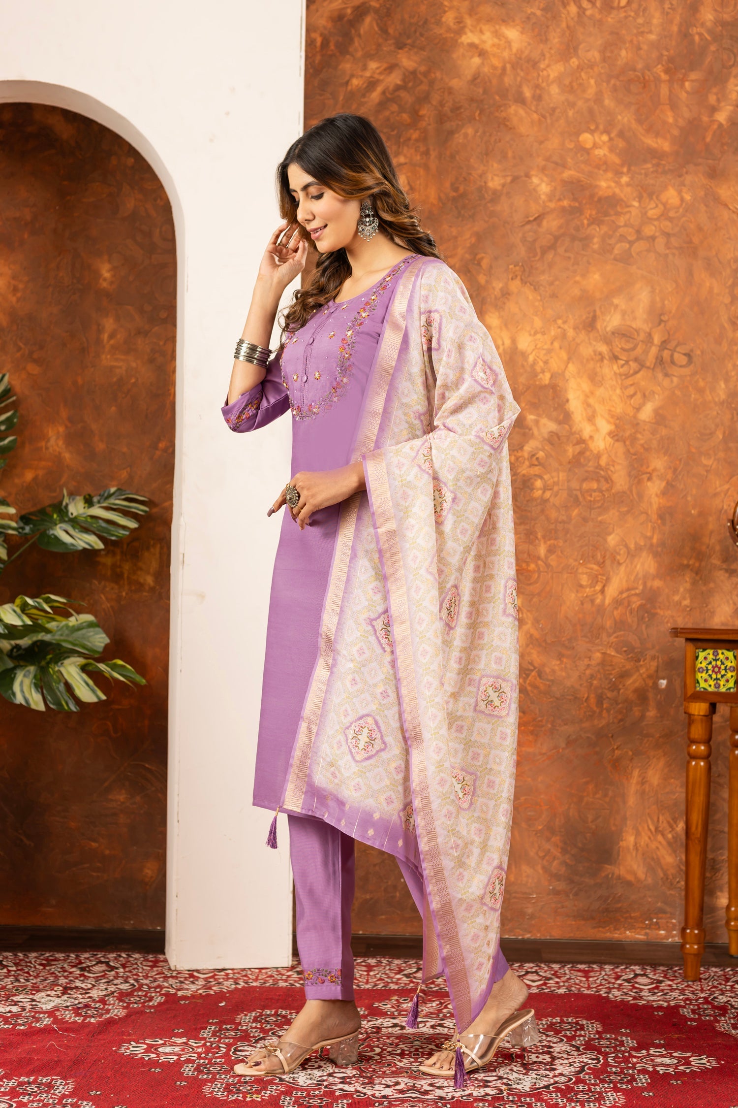 Lorenvalley Fashion Lavender Marina Silk Multi Embroidery Thread with Hand work Kurta Pant Dupatta - Swadesiicart