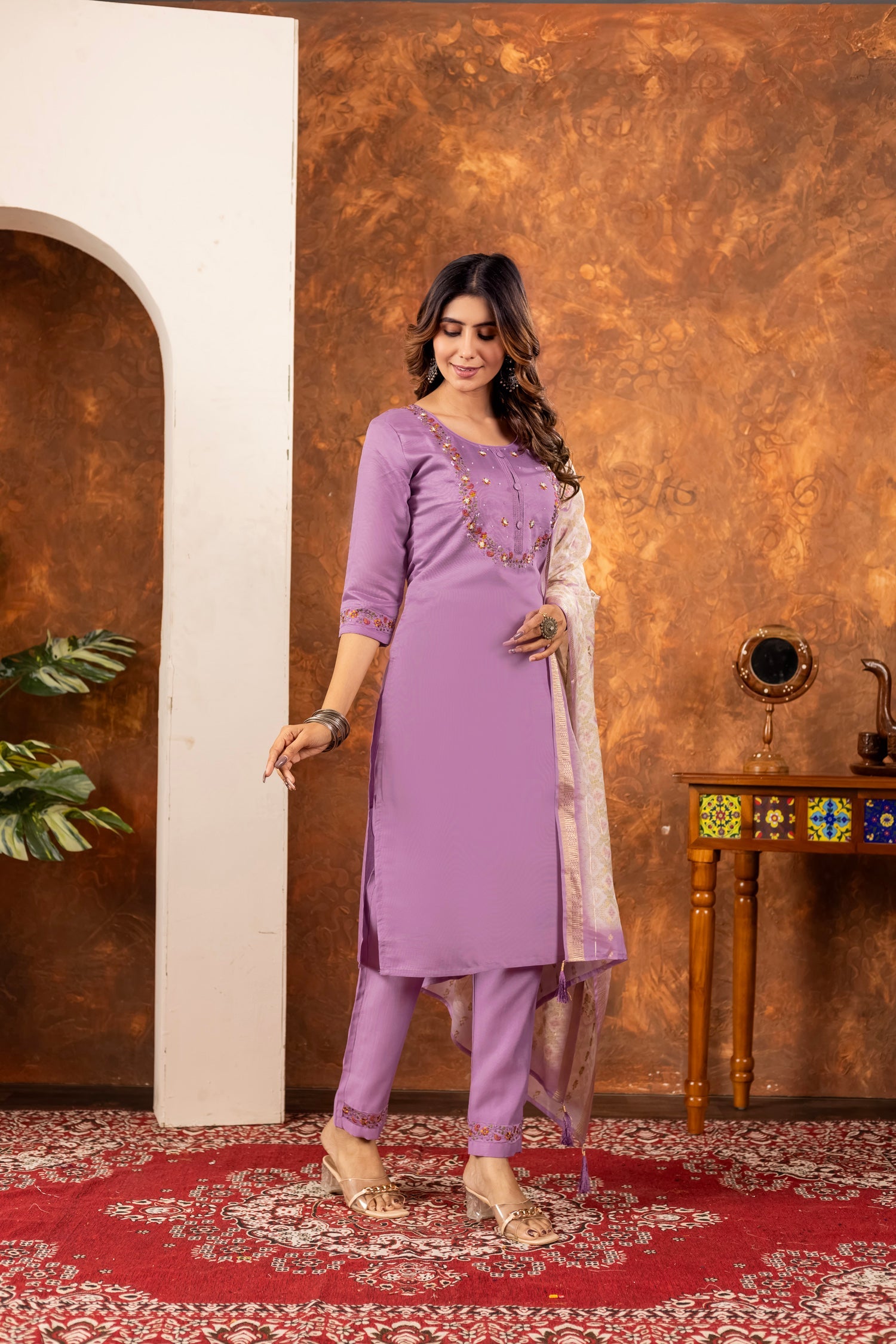 Lorenvalley Fashion Lavender Marina Silk Multi Embroidery Thread with Hand work Kurta Pant Dupatta - Swadesiicart