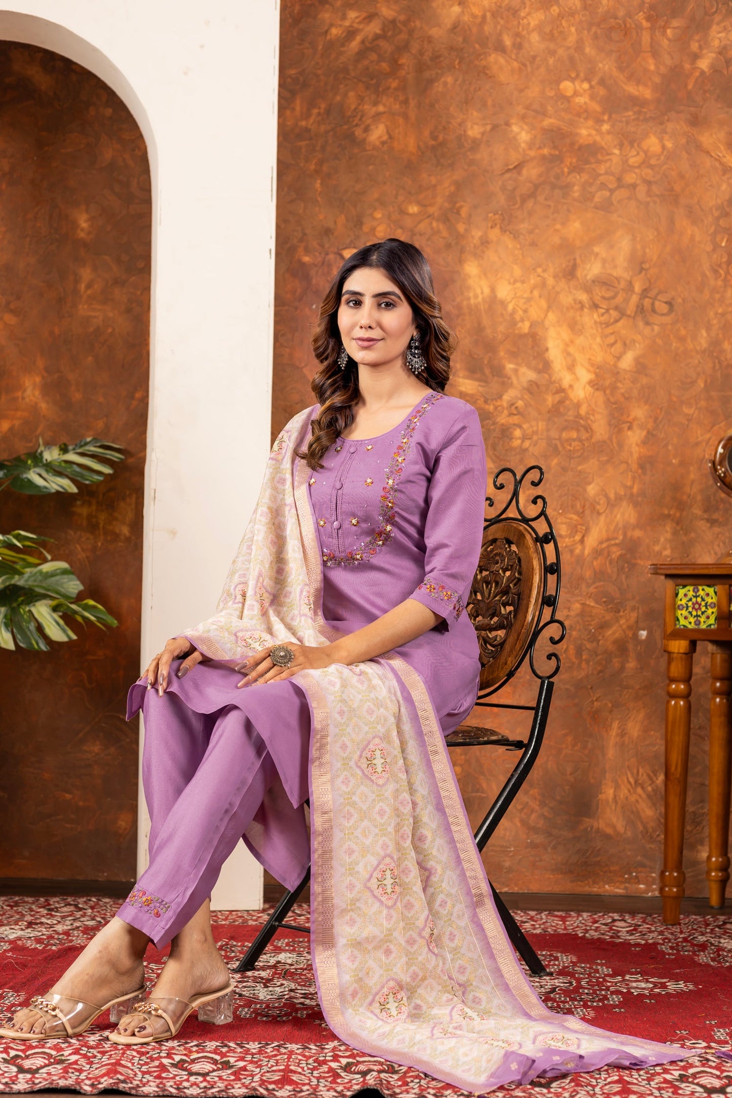 Lorenvalley Fashion Lavender Marina Silk Multi Embroidery Thread with Hand work Kurta Pant Dupatta - Swadesiicart
