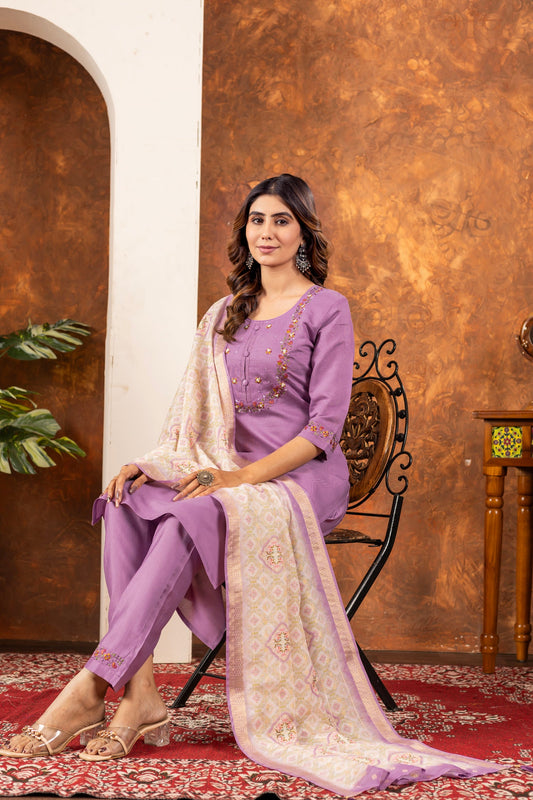 Lorenvalley Fashion Lavender Marina Silk Multi Embroidery Thread with Hand work Kurta Pant Dupatta - Swadesiicart