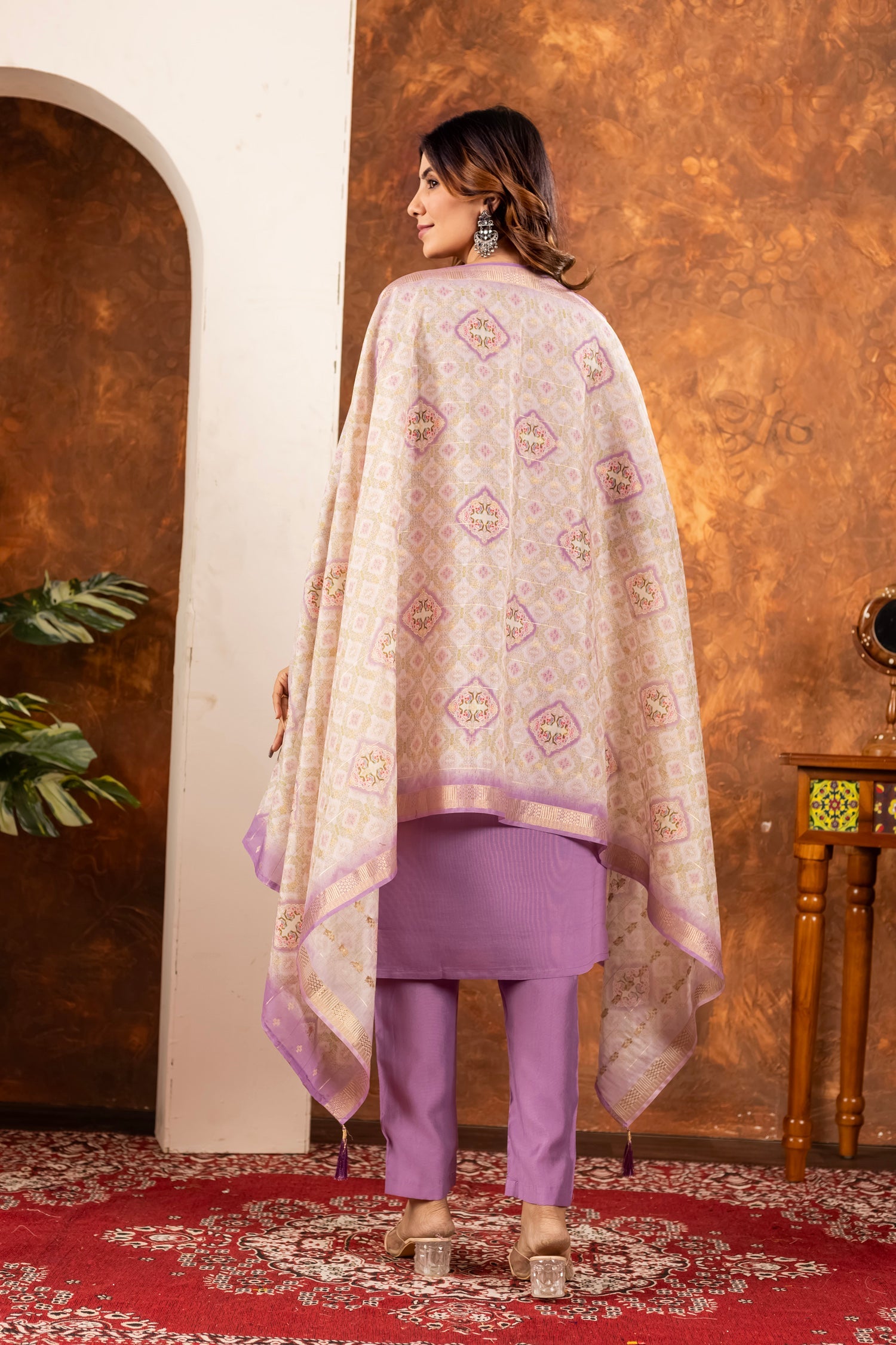 Lorenvalley Fashion Lavender Marina Silk Multi Embroidery Thread with Hand work Kurta Pant Dupatta - Swadesiicart