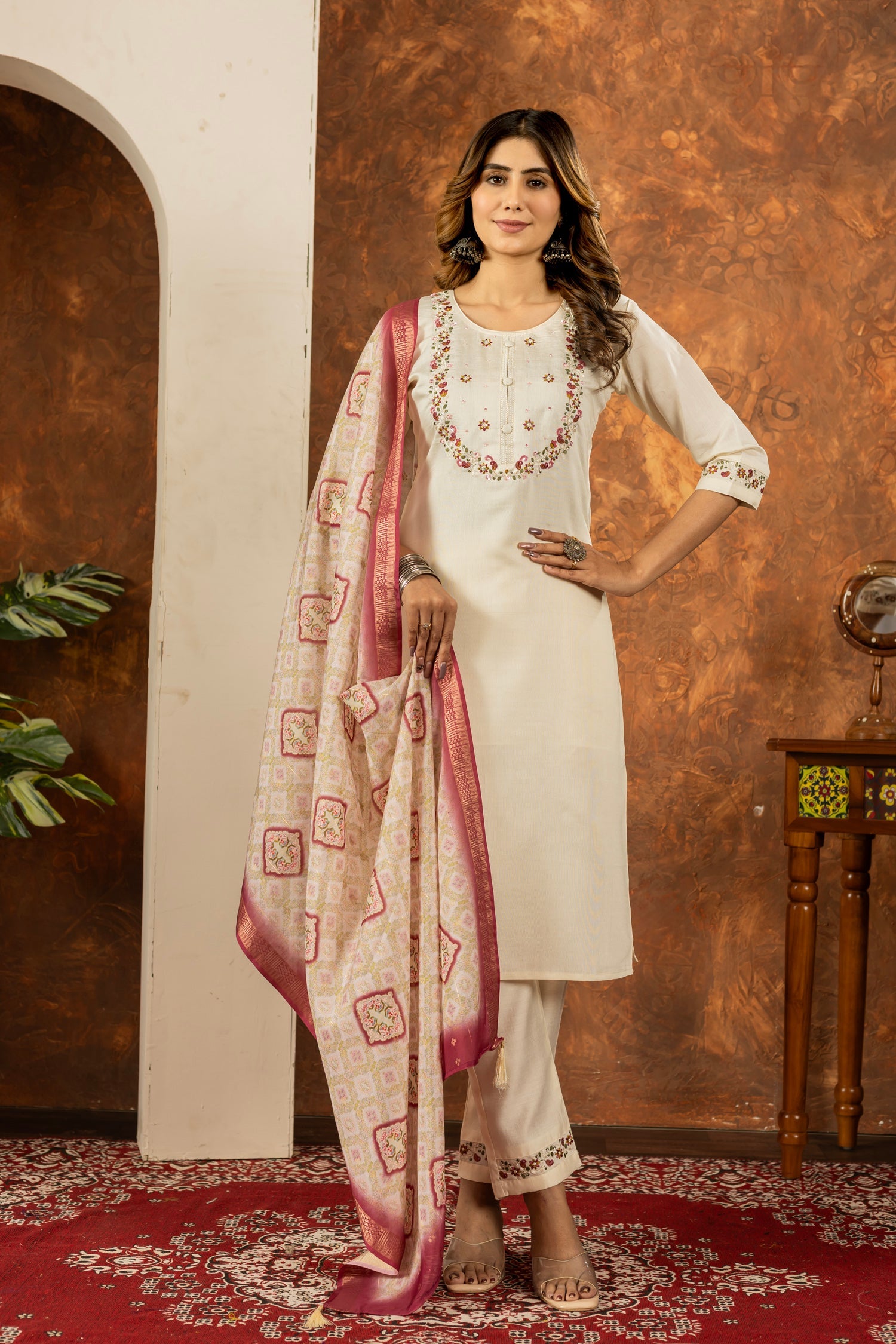 Lorenvalley Fashion Offwhite Marina Silk Multi Embroidery Thread with Hand work Kurta Pant Dupatta - Swadesiicart