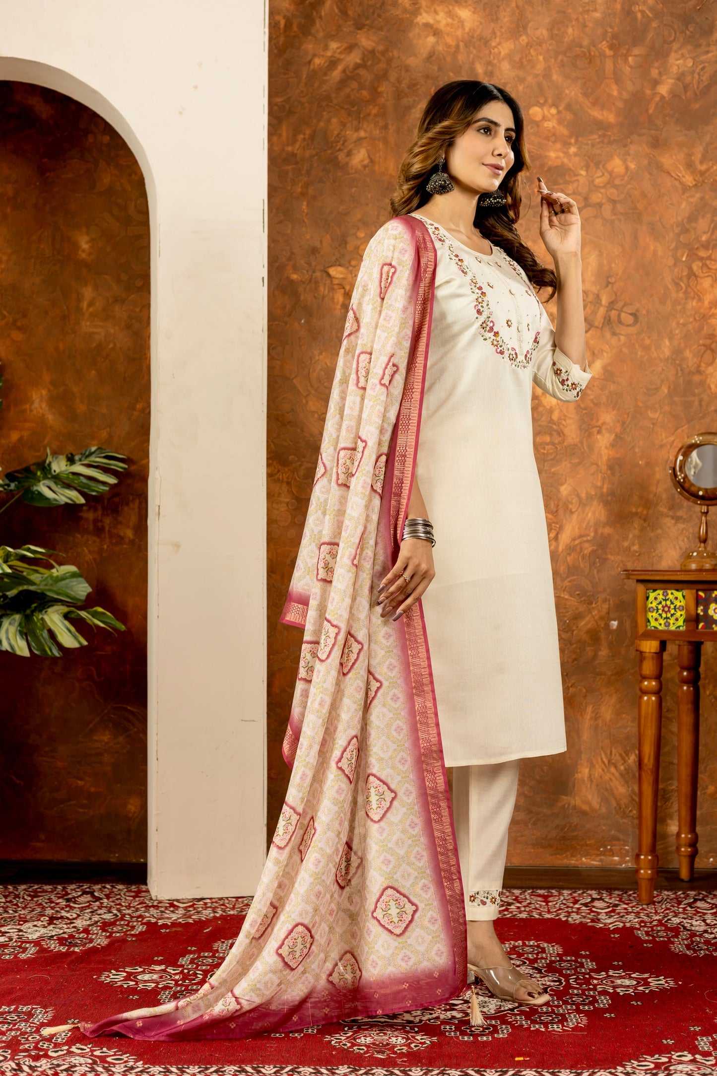 Lorenvalley Fashion Offwhite Marina Silk Multi Embroidery Thread with Hand work Kurta Pant Dupatta - Swadesiicart