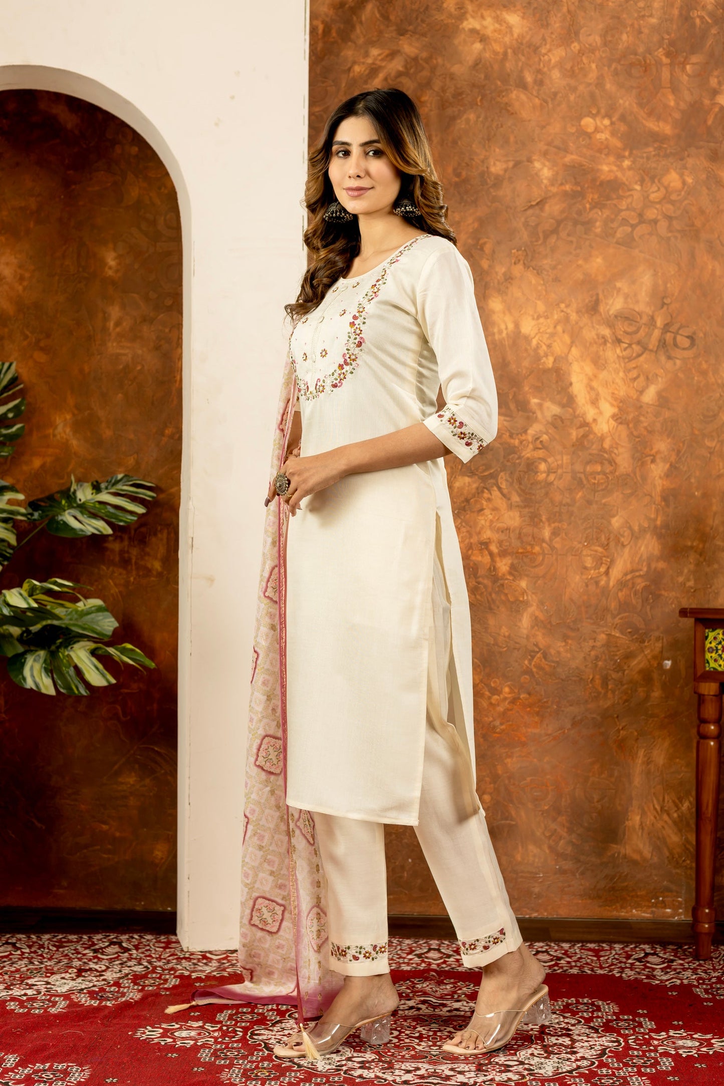 Lorenvalley Fashion Offwhite Marina Silk Multi Embroidery Thread with Hand work Kurta Pant Dupatta - Swadesiicart