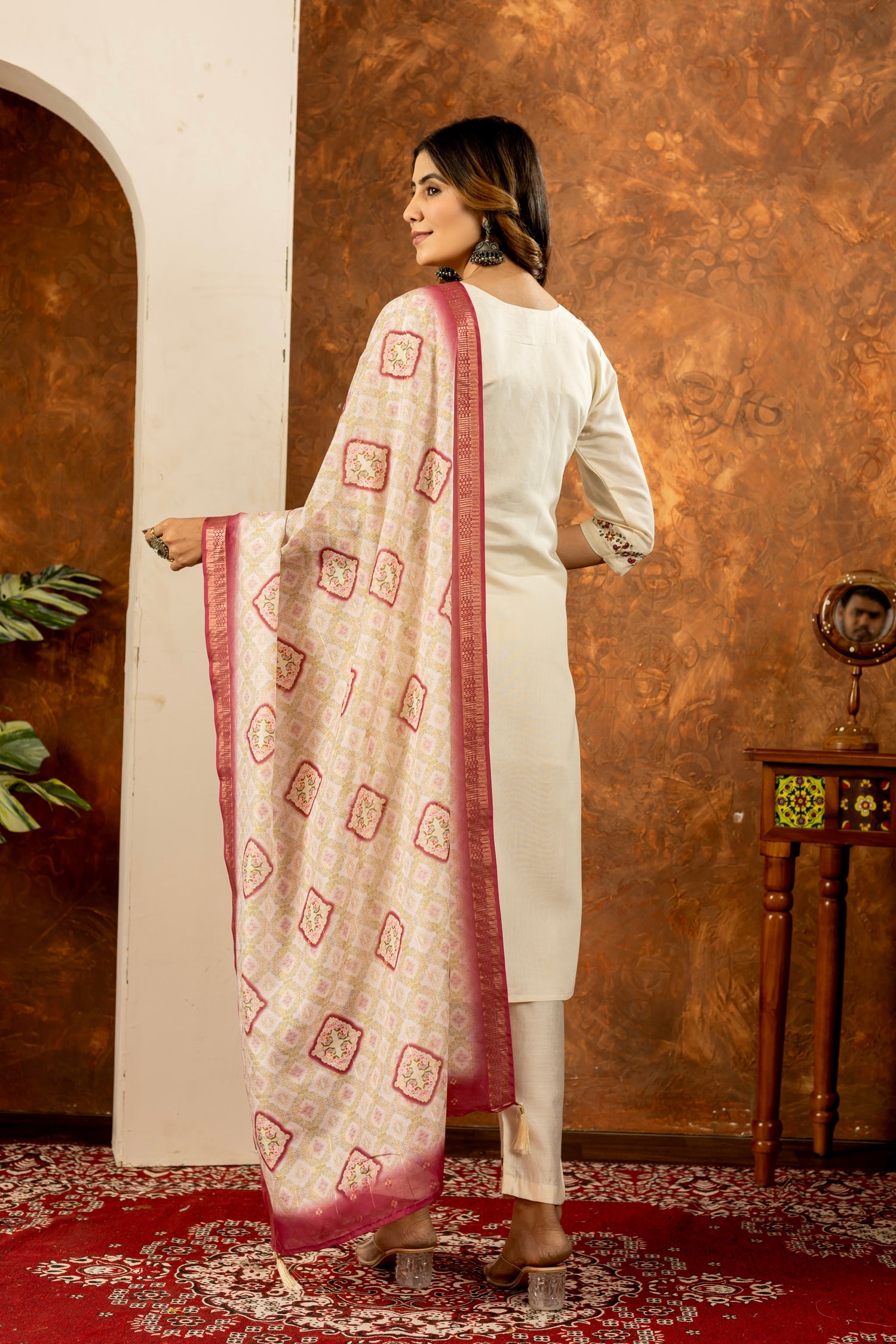 Lorenvalley Fashion Offwhite Marina Silk Multi Embroidery Thread with Hand work Kurta Pant Dupatta - Swadesiicart