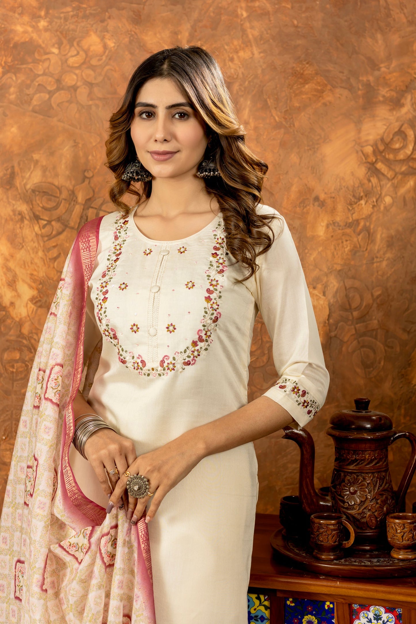 Lorenvalley Fashion Offwhite Marina Silk Multi Embroidery Thread with Hand work Kurta Pant Dupatta - Swadesiicart