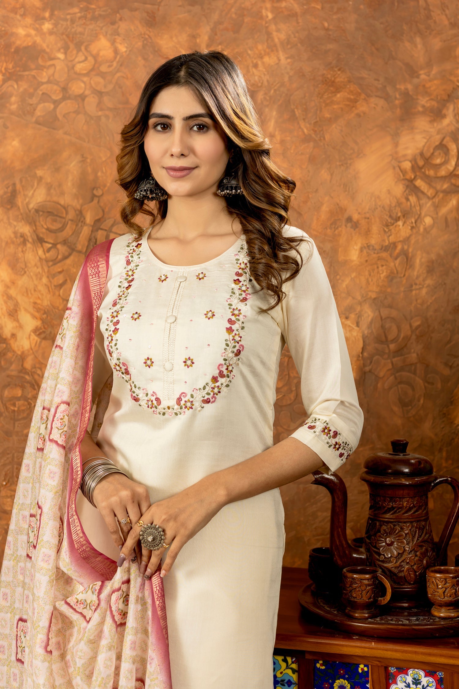 Lorenvalley Fashion Offwhite Marina Silk Multi Embroidery Thread with Hand work Kurta Pant Dupatta - Swadesiicart