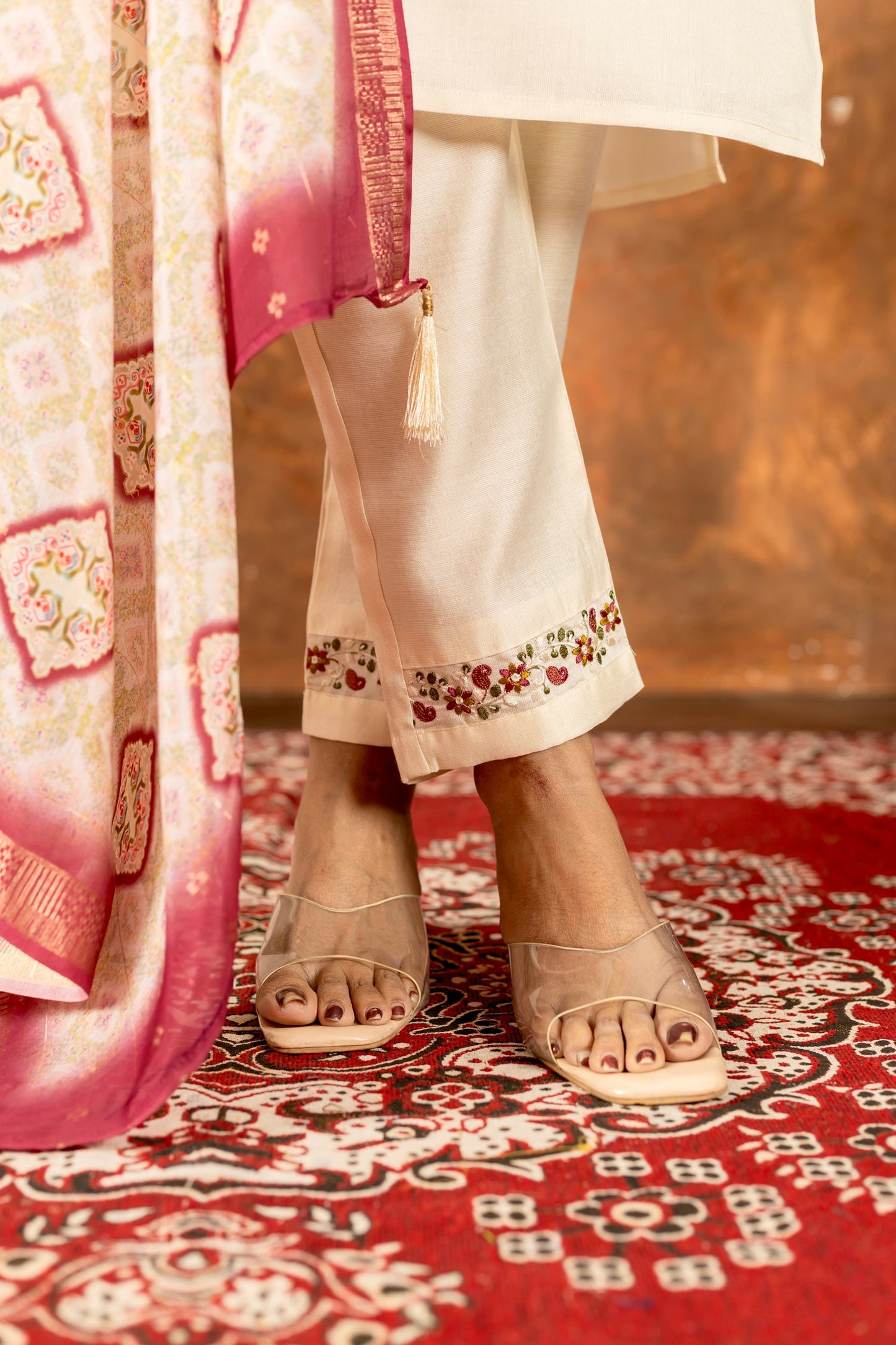 Lorenvalley Fashion Offwhite Marina Silk Multi Embroidery Thread with Hand work Kurta Pant Dupatta - Swadesiicart