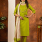 Lorenvalley Fashion Parrotgreen Marina Silk Multi Embroidery Thread with Hand work Kurta Pant Dupatta - Swadesiicart