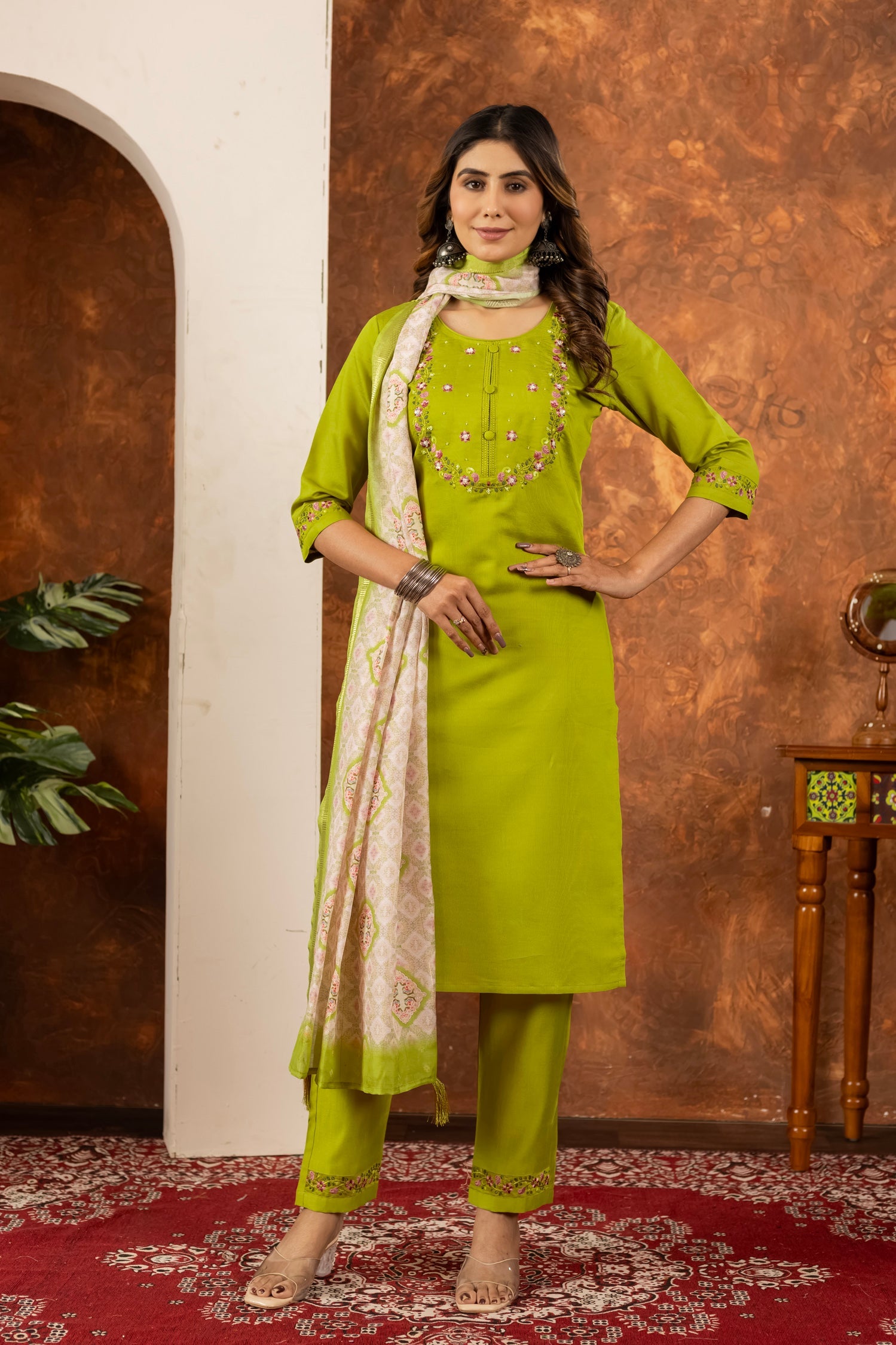 Lorenvalley Fashion Parrotgreen Marina Silk Multi Embroidery Thread with Hand work Kurta Pant Dupatta - Swadesiicart