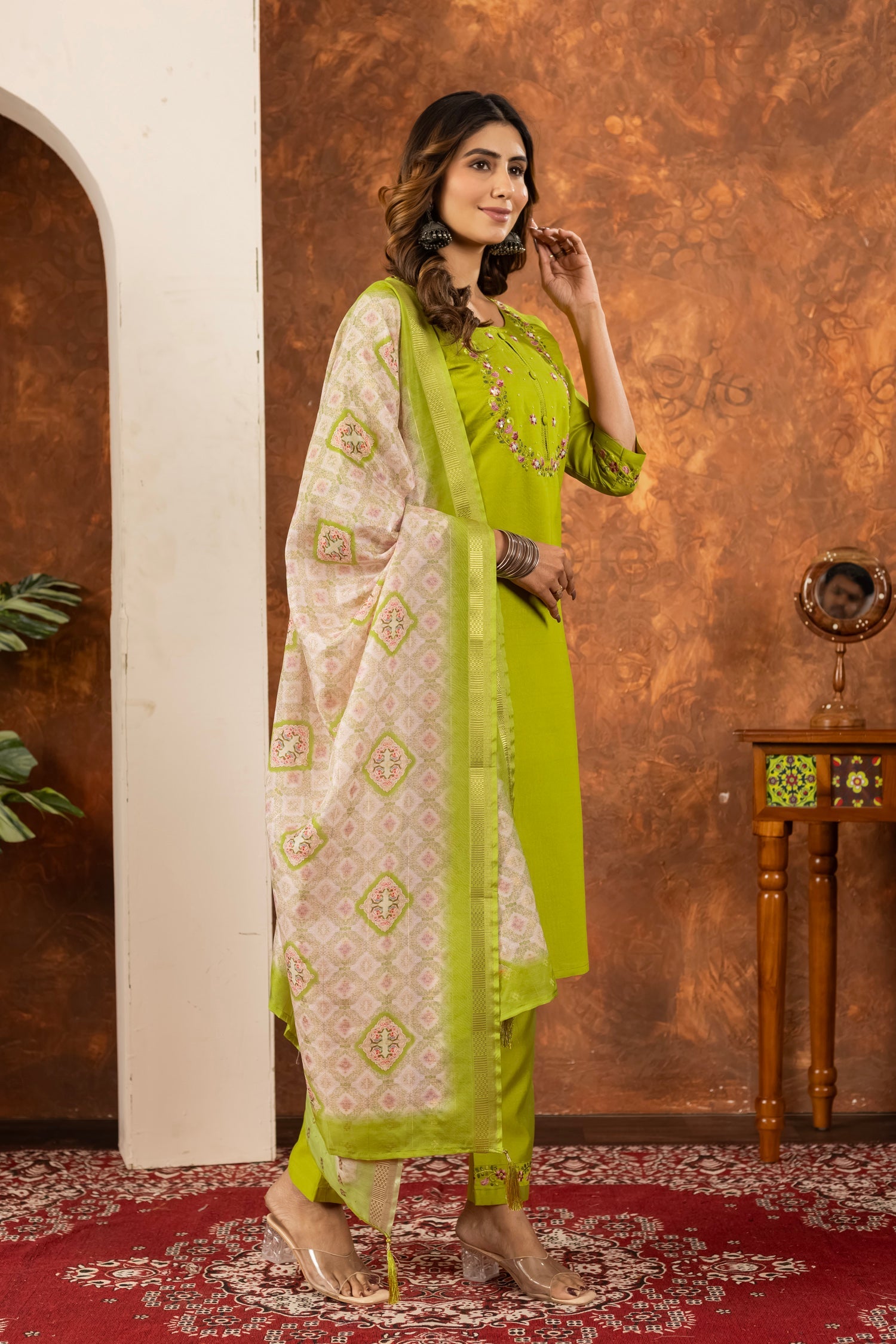 Lorenvalley Fashion Parrotgreen Marina Silk Multi Embroidery Thread with Hand work Kurta Pant Dupatta - Swadesiicart