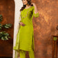 Lorenvalley Fashion Parrotgreen Marina Silk Multi Embroidery Thread with Hand work Kurta Pant Dupatta - Swadesiicart