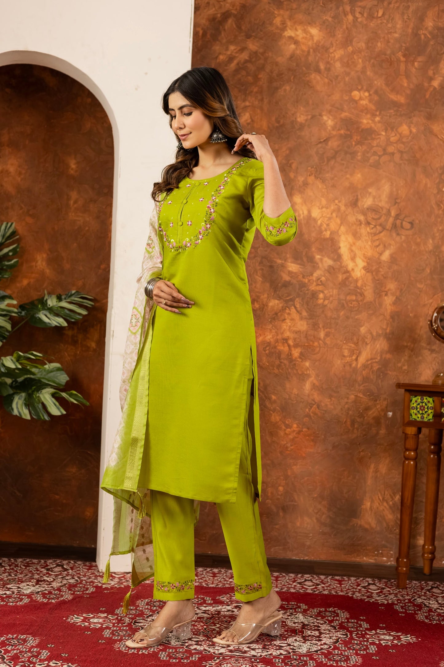 Lorenvalley Fashion Parrotgreen Marina Silk Multi Embroidery Thread with Hand work Kurta Pant Dupatta - Swadesiicart