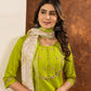 Lorenvalley Fashion Parrotgreen Marina Silk Multi Embroidery Thread with Hand work Kurta Pant Dupatta - Swadesiicart