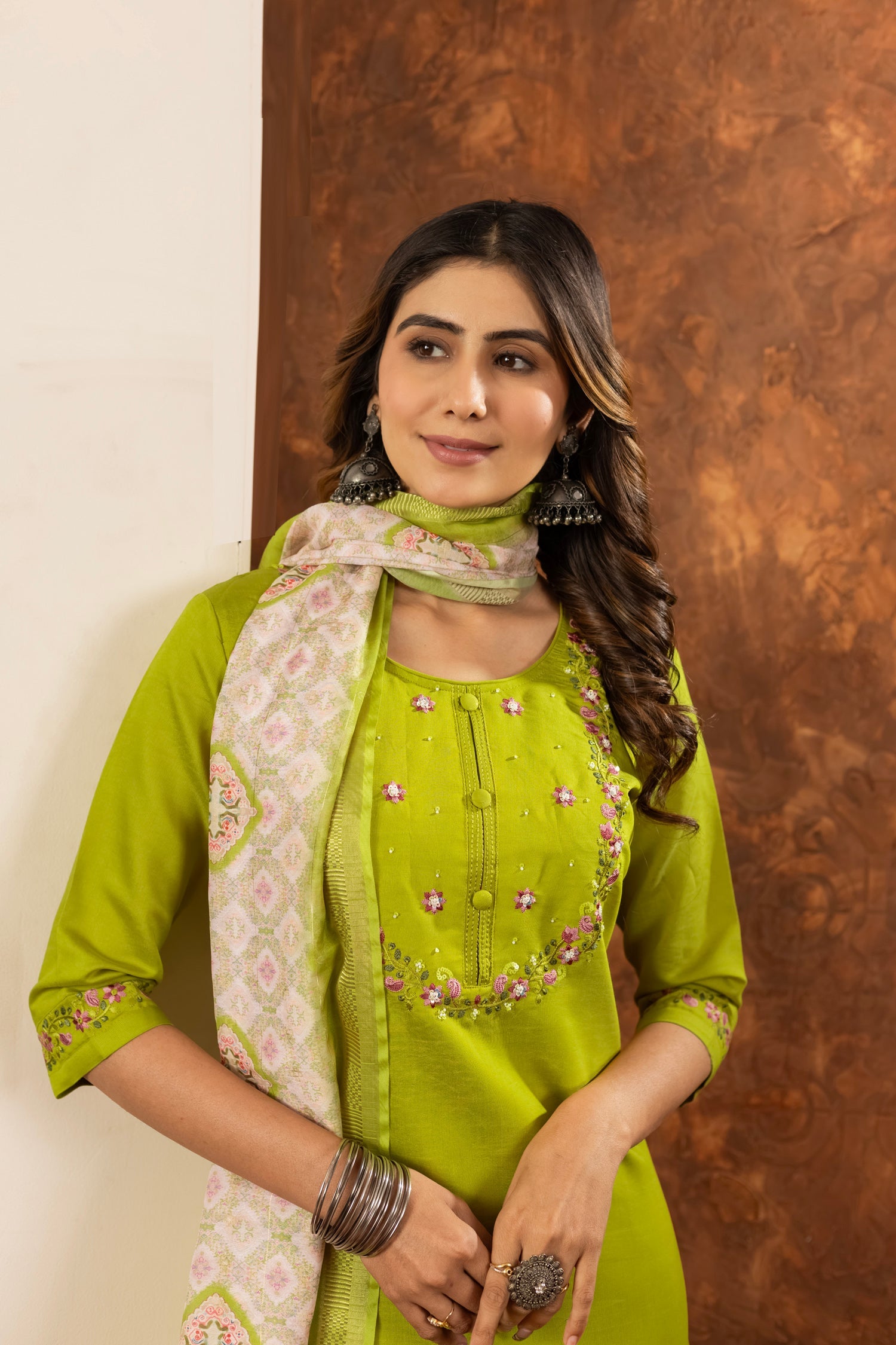 Lorenvalley Fashion Parrotgreen Marina Silk Multi Embroidery Thread with Hand work Kurta Pant Dupatta - Swadesiicart