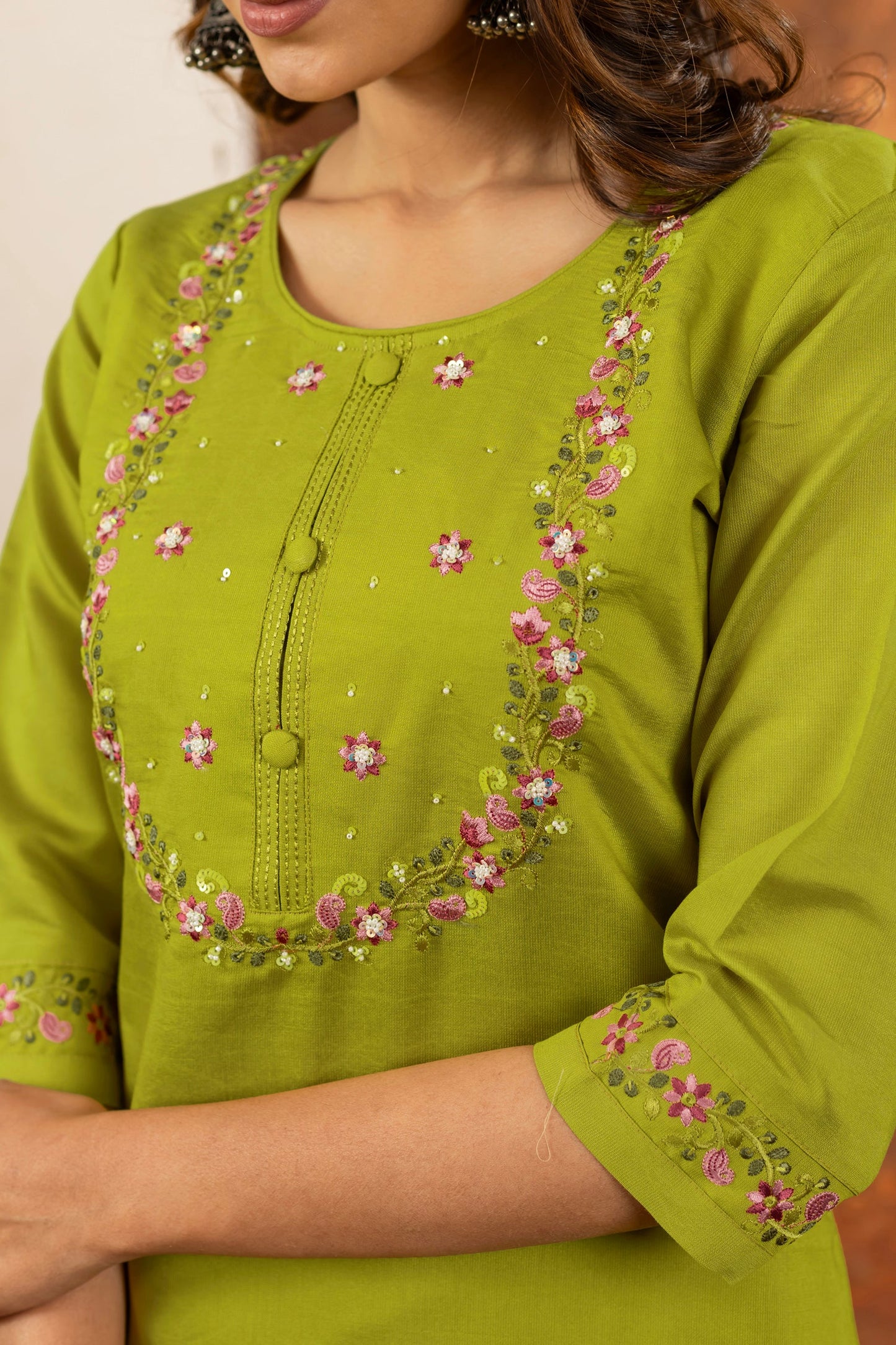 Lorenvalley Fashion Parrotgreen Marina Silk Multi Embroidery Thread with Hand work Kurta Pant Dupatta - Swadesiicart