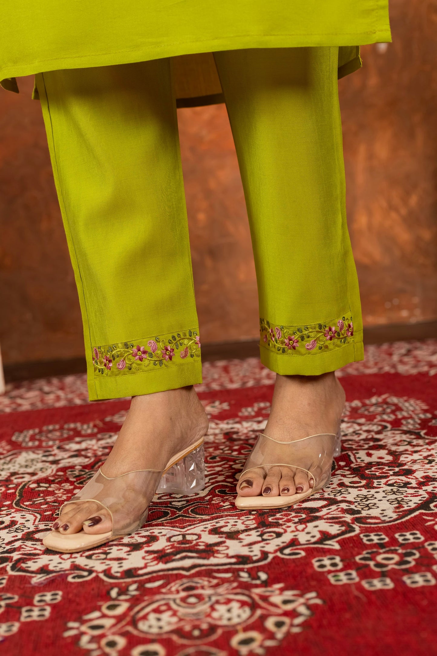 Lorenvalley Fashion Parrotgreen Marina Silk Multi Embroidery Thread with Hand work Kurta Pant Dupatta - Swadesiicart