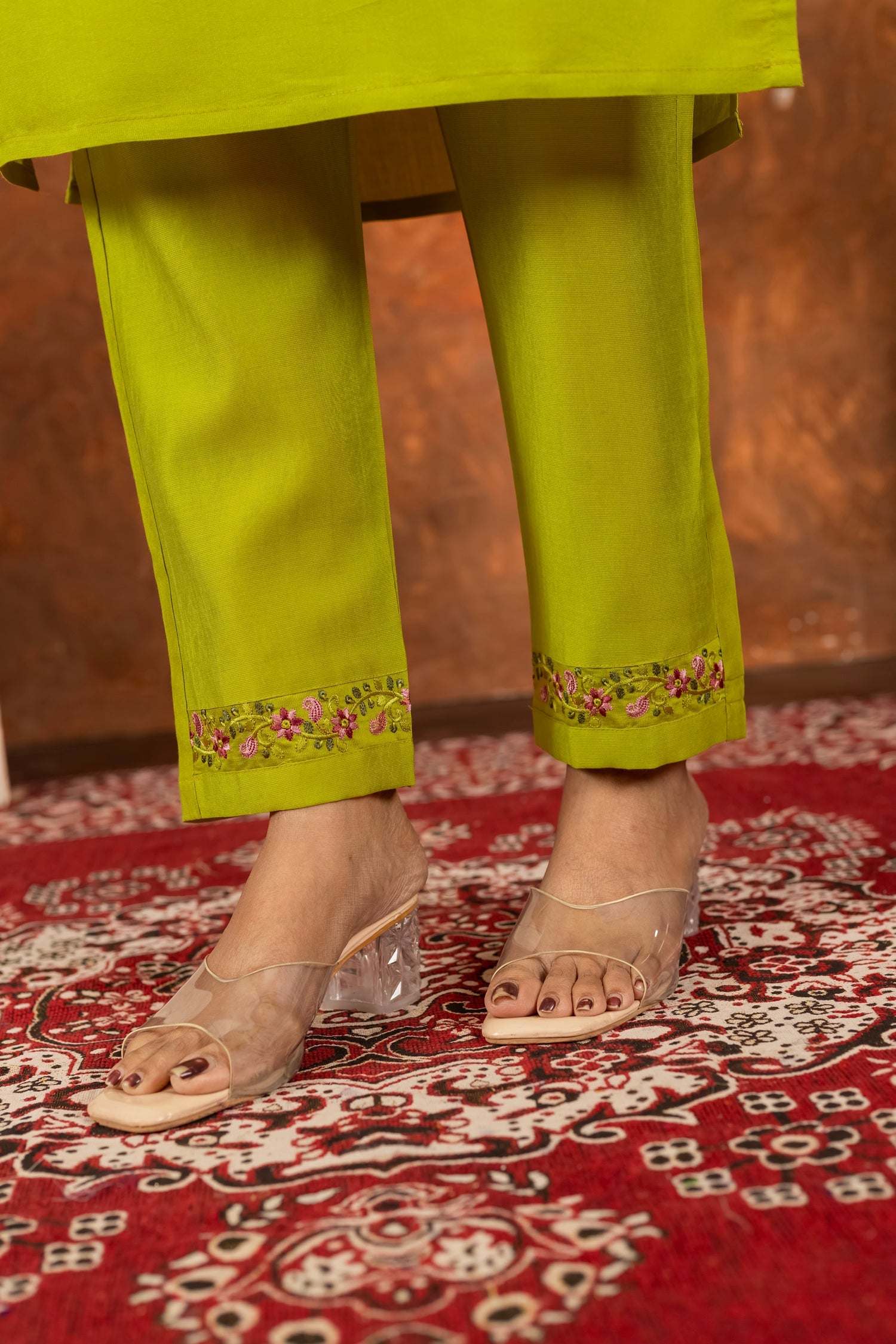Lorenvalley Fashion Parrotgreen Marina Silk Multi Embroidery Thread with Hand work Kurta Pant Dupatta - Swadesiicart