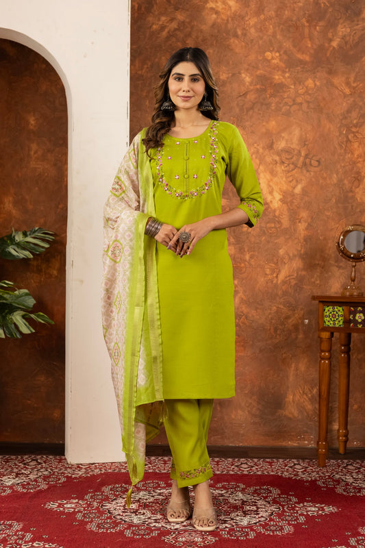 Lorenvalley Fashion Parrotgreen Marina Silk Multi Embroidery Thread with Hand work Kurta Pant Dupatta - Swadesiicart