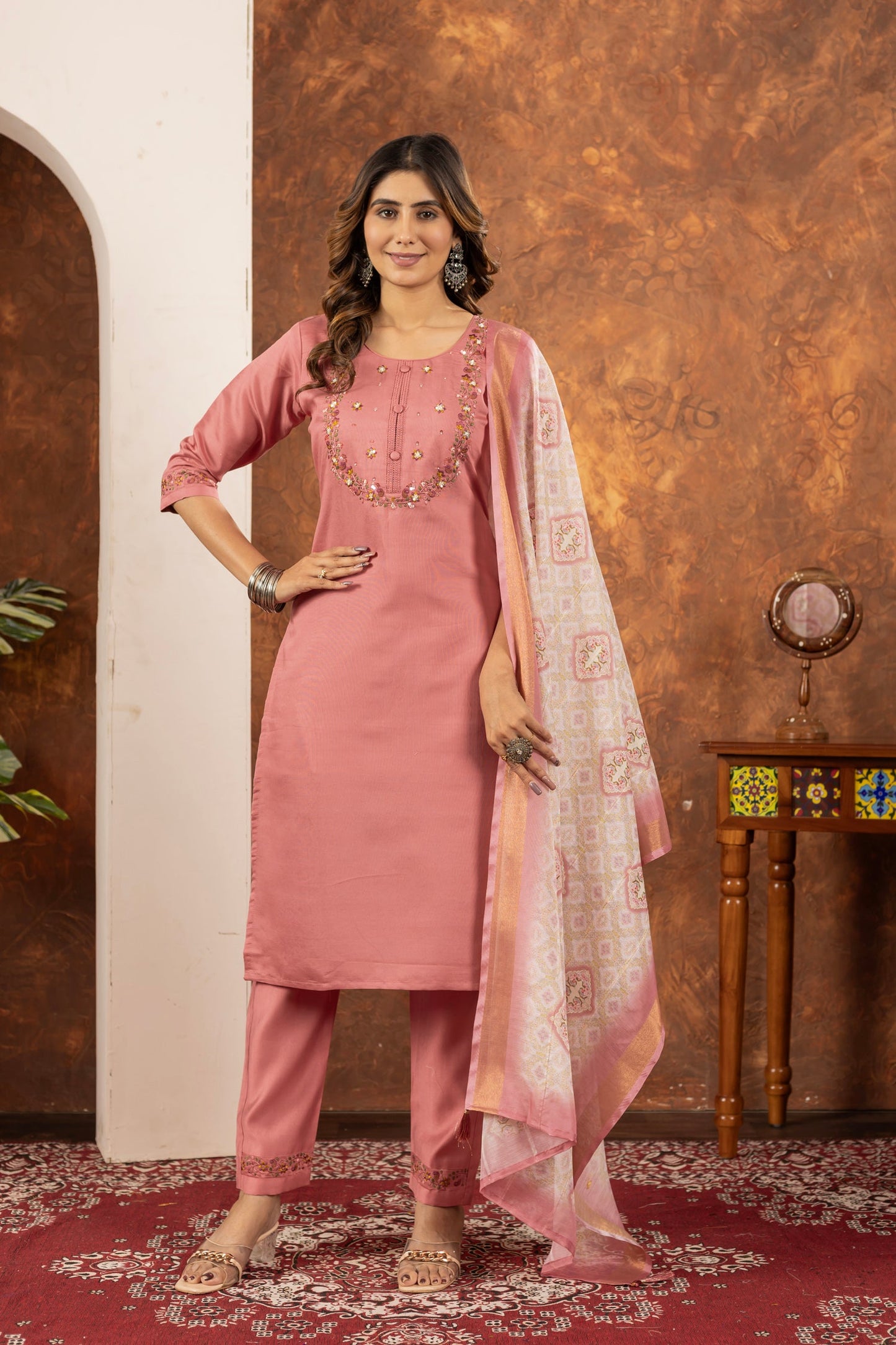 Lorenvalley Fashion Peach Marina Silk Multi Embroidery Thread with Hand work Kurta Pant Dupatta - Swadesiicart