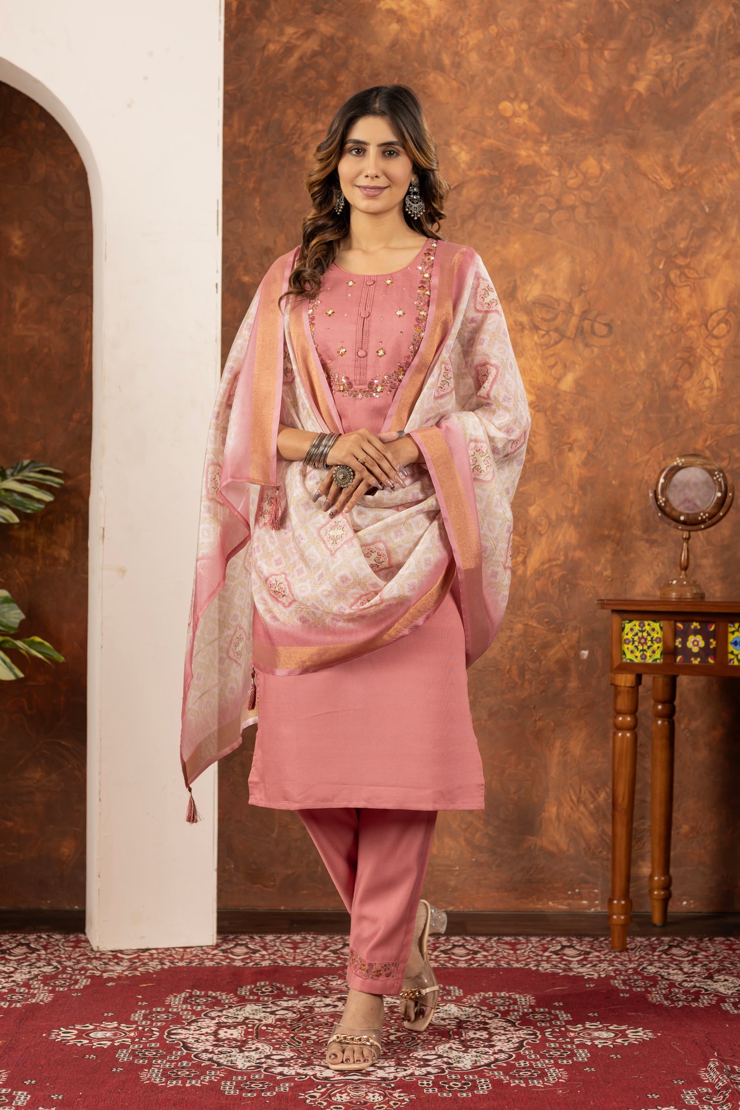 Lorenvalley Fashion Peach Marina Silk Multi Embroidery Thread with Hand work Kurta Pant Dupatta - Swadesiicart