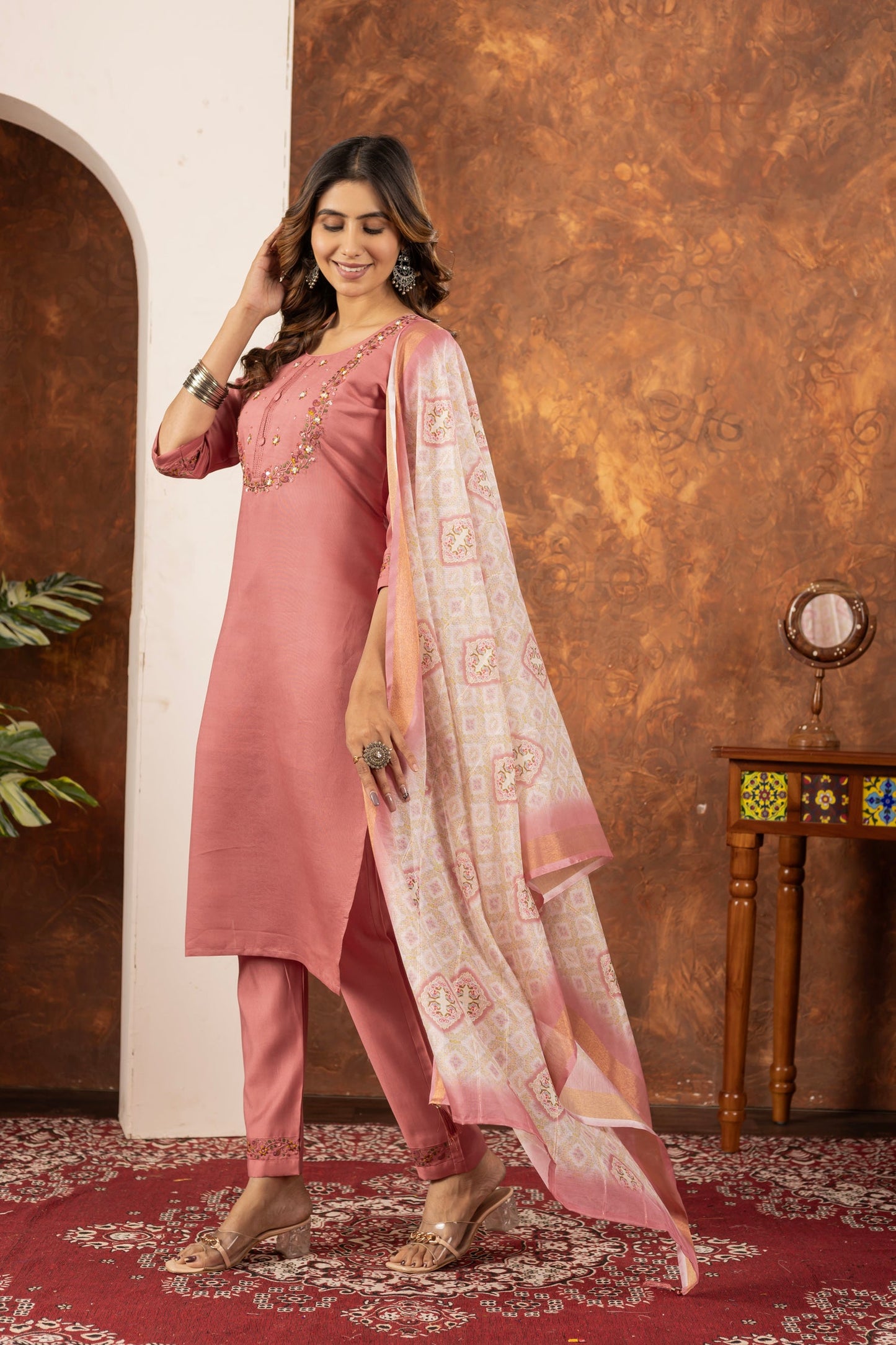 Lorenvalley Fashion Peach Marina Silk Multi Embroidery Thread with Hand work Kurta Pant Dupatta - Swadesiicart
