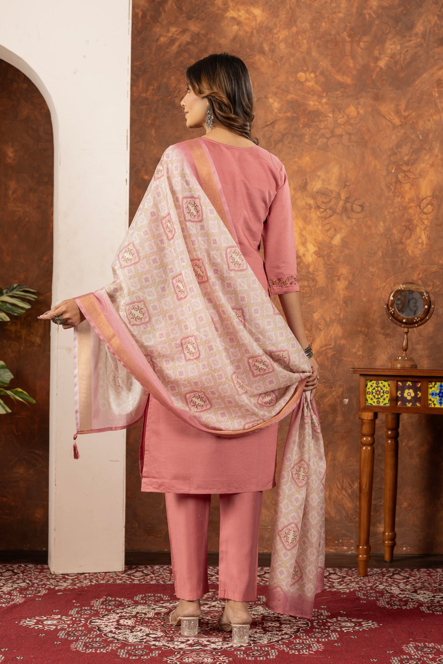 Lorenvalley Fashion Peach Marina Silk Multi Embroidery Thread with Hand work Kurta Pant Dupatta - Swadesiicart