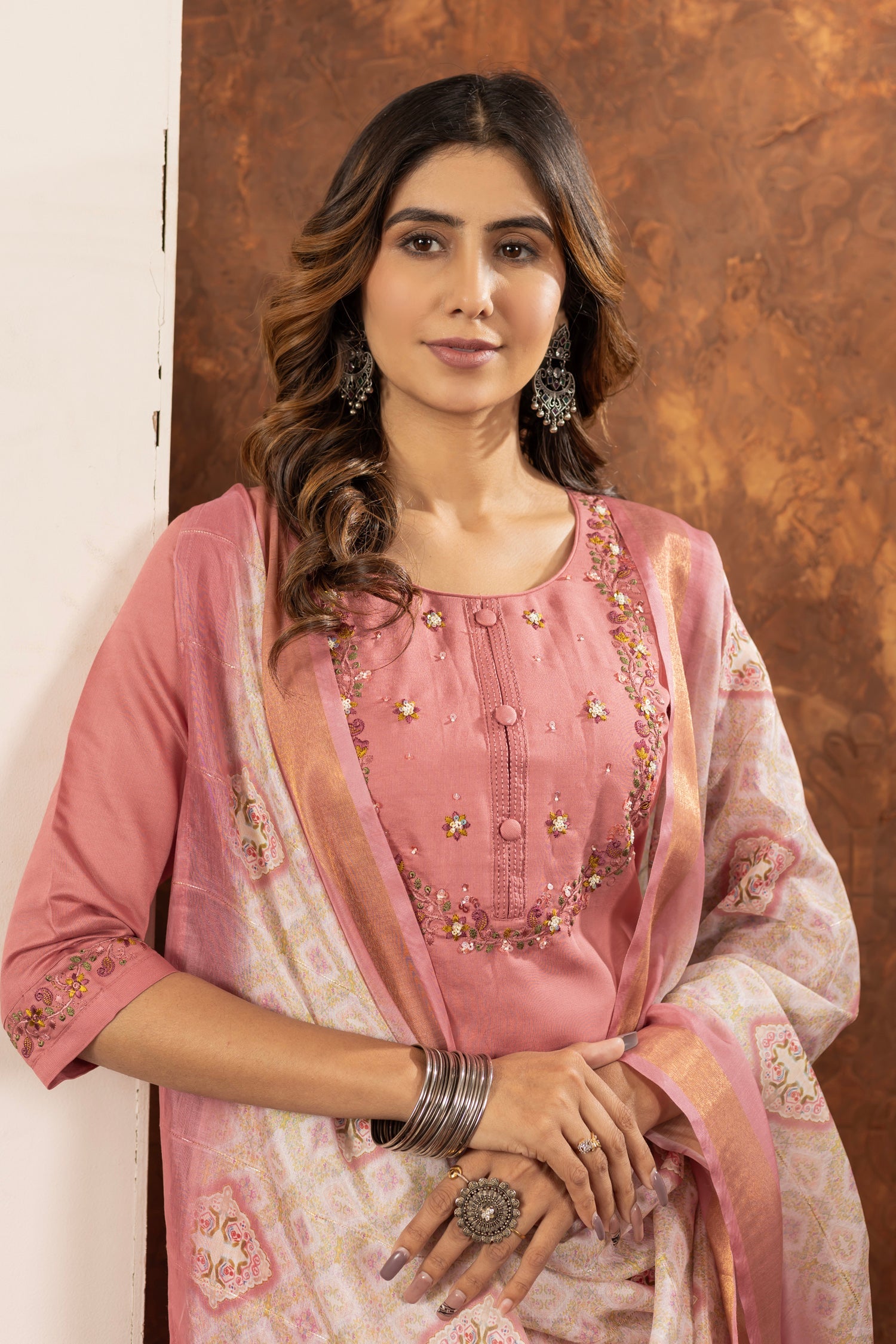 Lorenvalley Fashion Peach Marina Silk Multi Embroidery Thread with Hand work Kurta Pant Dupatta - Swadesiicart