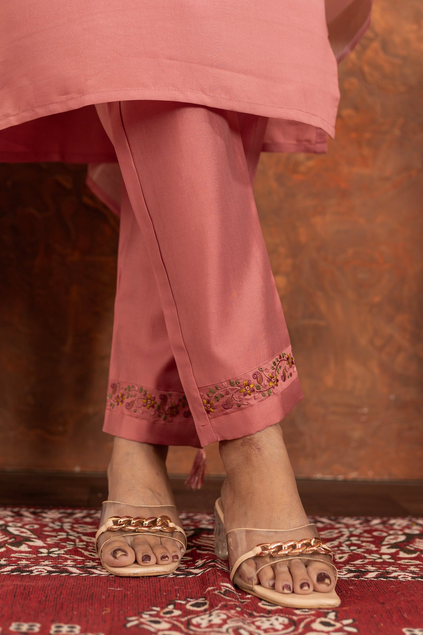 Lorenvalley Fashion Peach Marina Silk Multi Embroidery Thread with Hand work Kurta Pant Dupatta - Swadesiicart