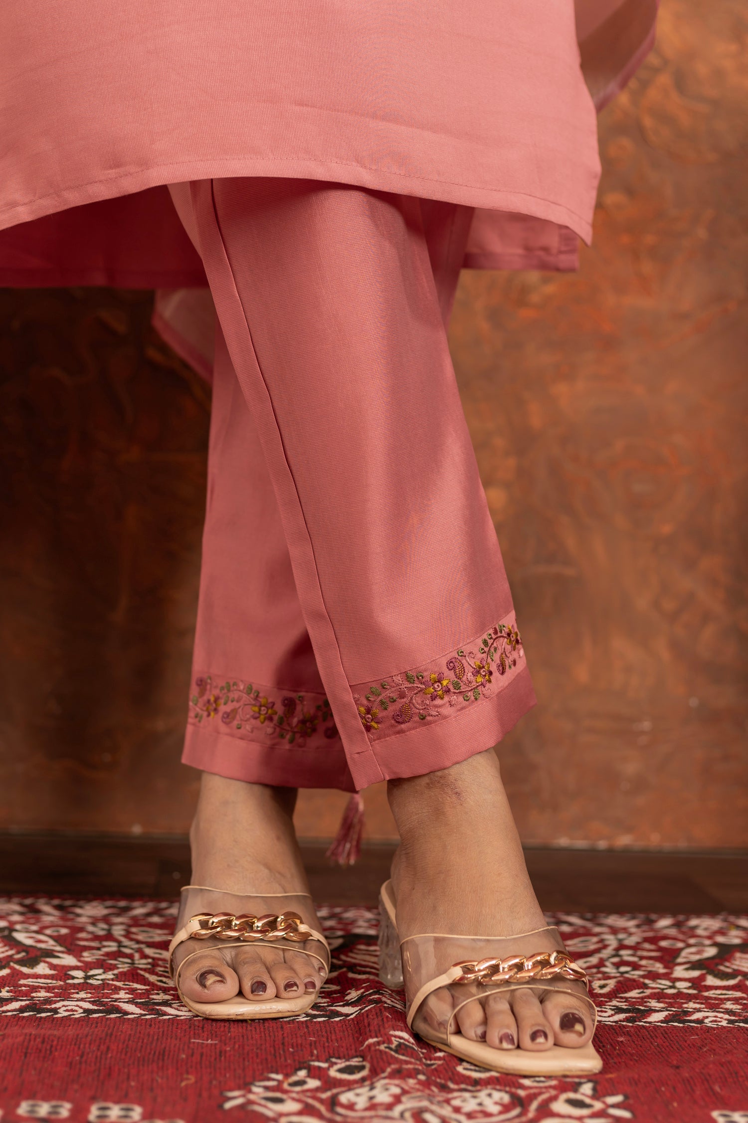 Lorenvalley Fashion Peach Marina Silk Multi Embroidery Thread with Hand work Kurta Pant Dupatta - Swadesiicart