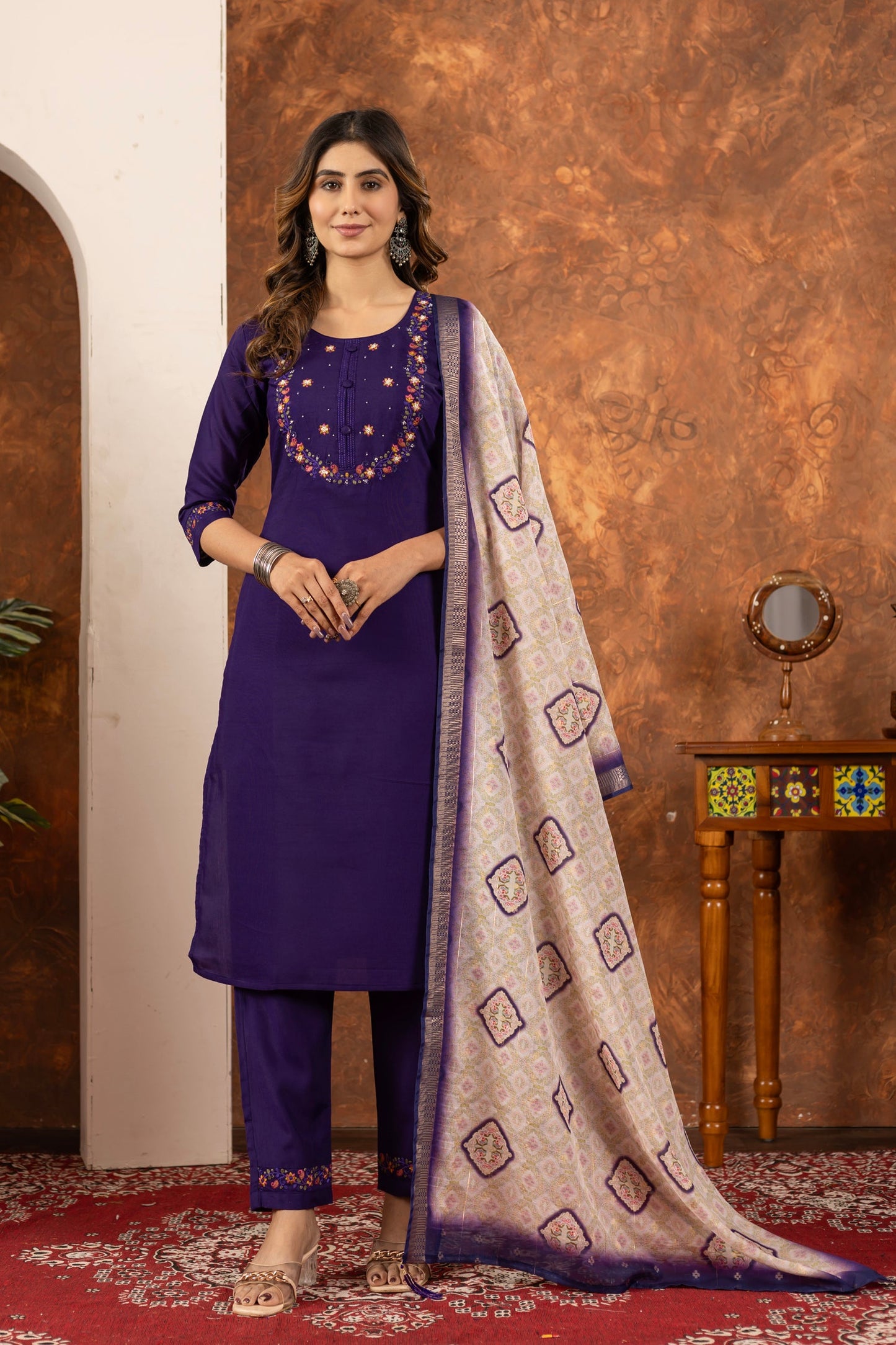Lorenvalley Fashion Purple Marina Silk Multi Embroidery Thread with Hand work Kurta Pant Dupatta - Swadesiicart