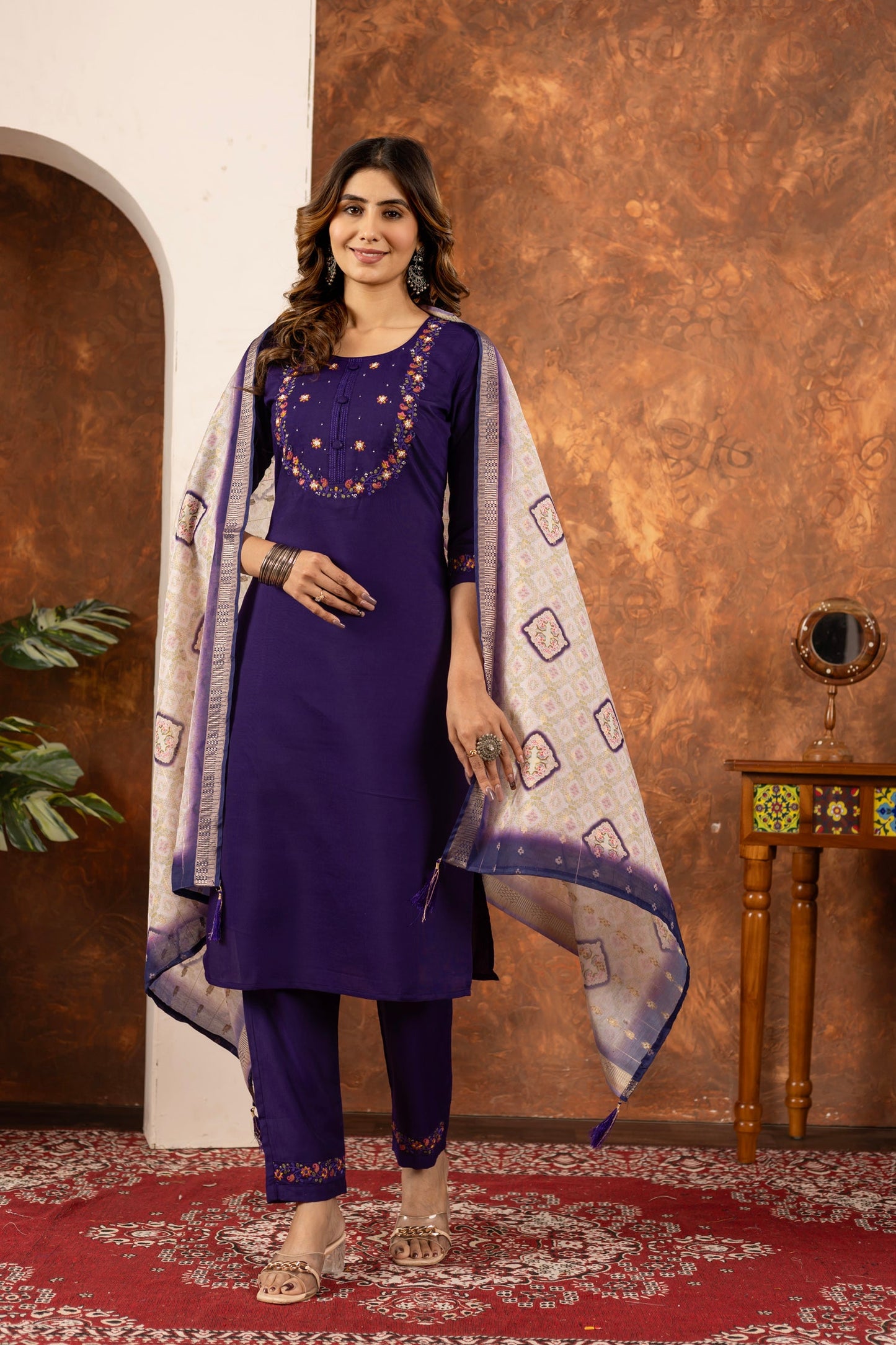 Lorenvalley Fashion Purple Marina Silk Multi Embroidery Thread with Hand work Kurta Pant Dupatta - Swadesiicart