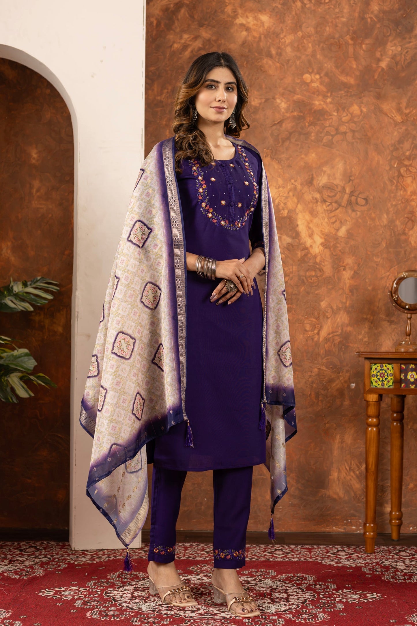 Lorenvalley Fashion Purple Marina Silk Multi Embroidery Thread with Hand work Kurta Pant Dupatta - Swadesiicart