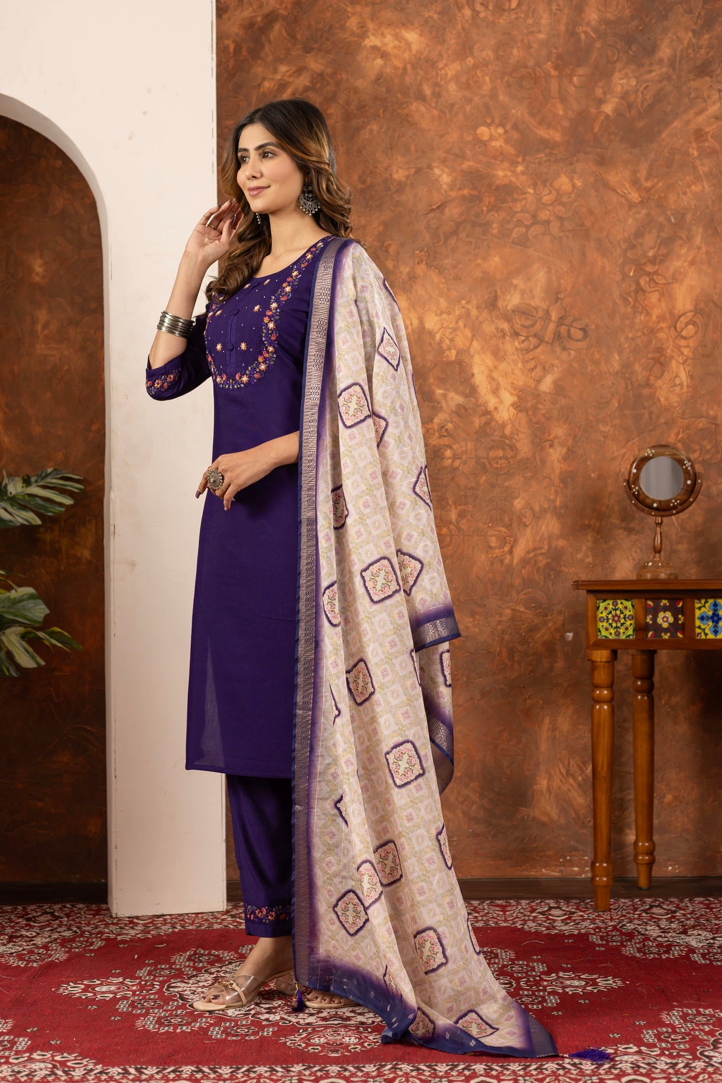 Lorenvalley Fashion Purple Marina Silk Multi Embroidery Thread with Hand work Kurta Pant Dupatta - Swadesiicart