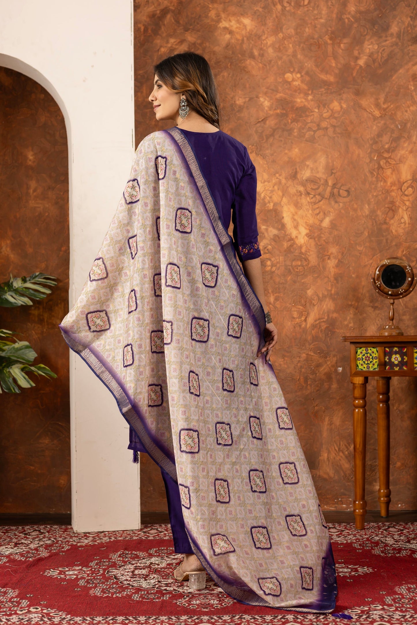 Lorenvalley Fashion Purple Marina Silk Multi Embroidery Thread with Hand work Kurta Pant Dupatta - Swadesiicart