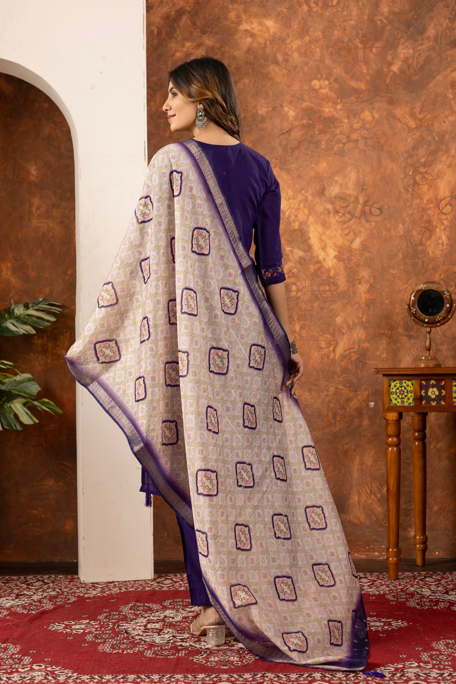 Lorenvalley Fashion Purple Marina Silk Multi Embroidery Thread with Hand work Kurta Pant Dupatta - Swadesiicart
