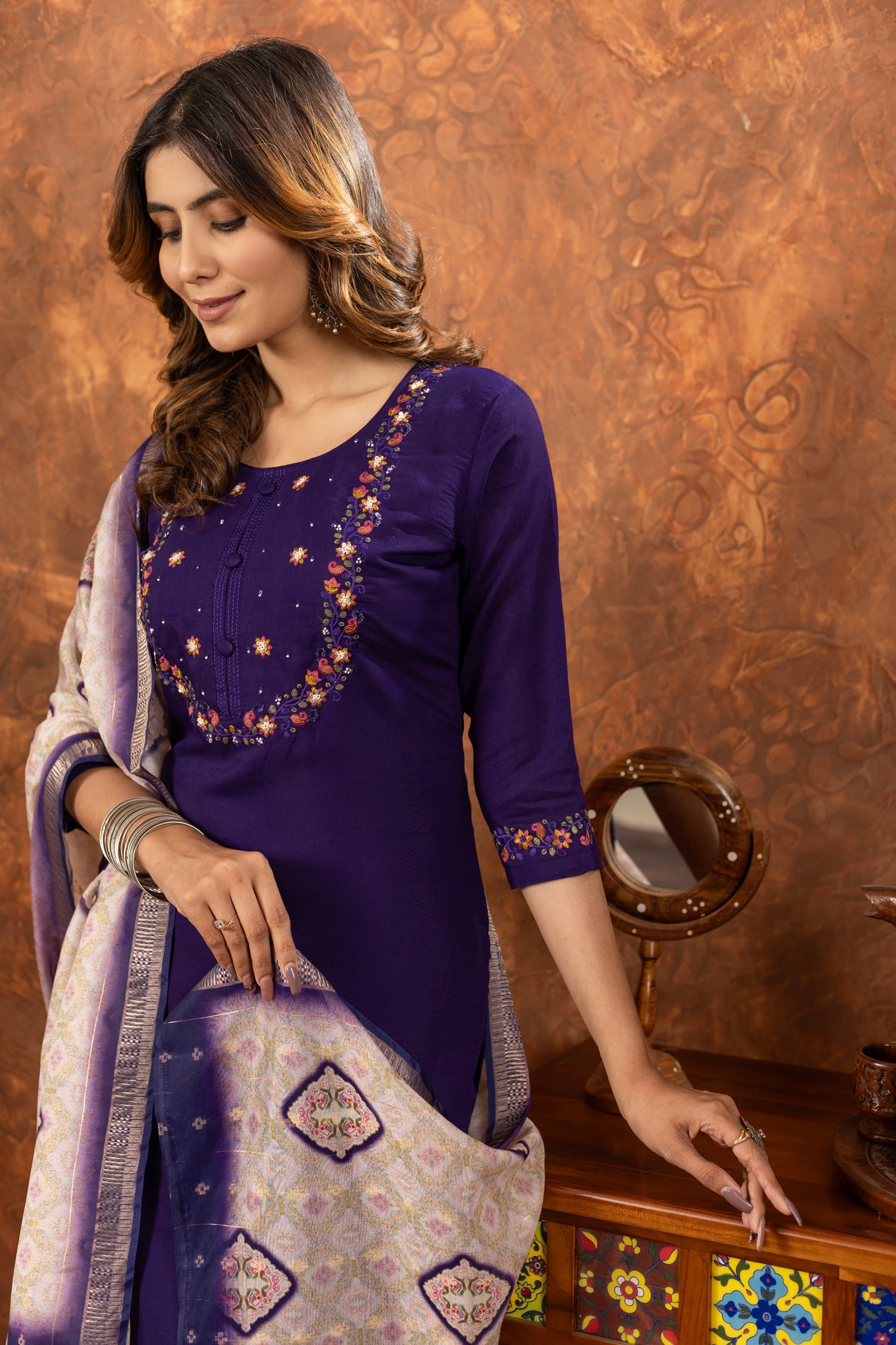 Lorenvalley Fashion Purple Marina Silk Multi Embroidery Thread with Hand work Kurta Pant Dupatta - Swadesiicart