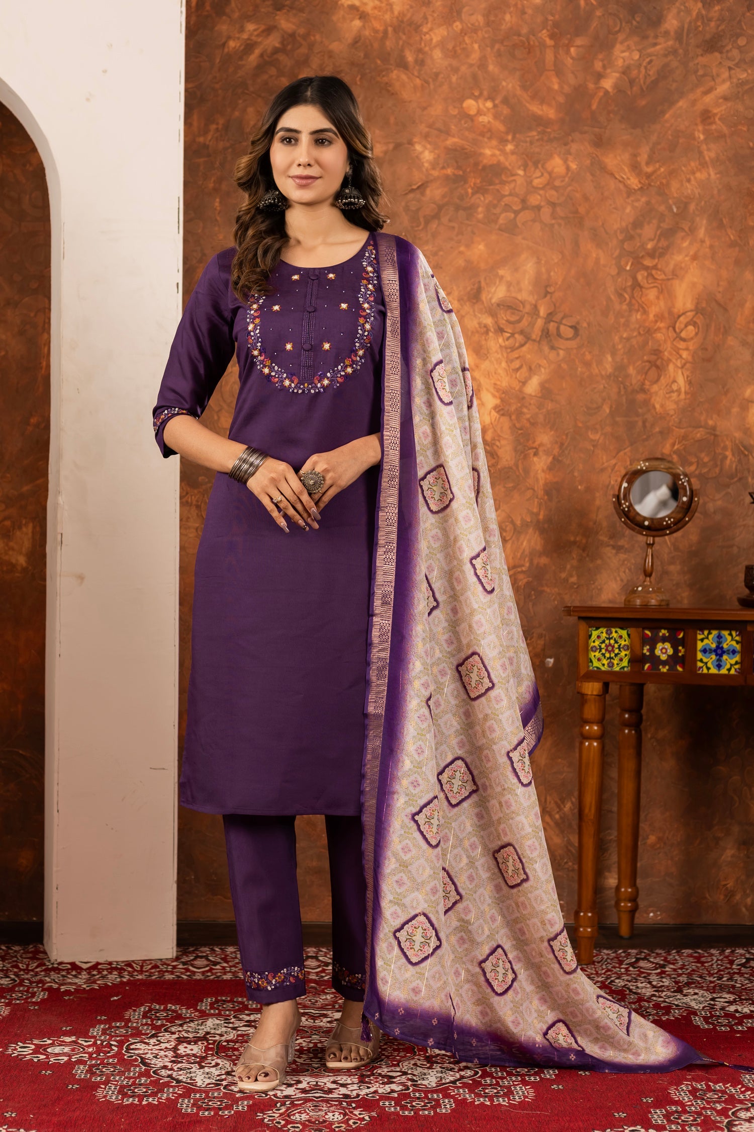 Lorenvalley Fashion Wine Marina Silk Multi Embroidery Thread with Hand work Kurta Pant Dupatta - Swadesiicart