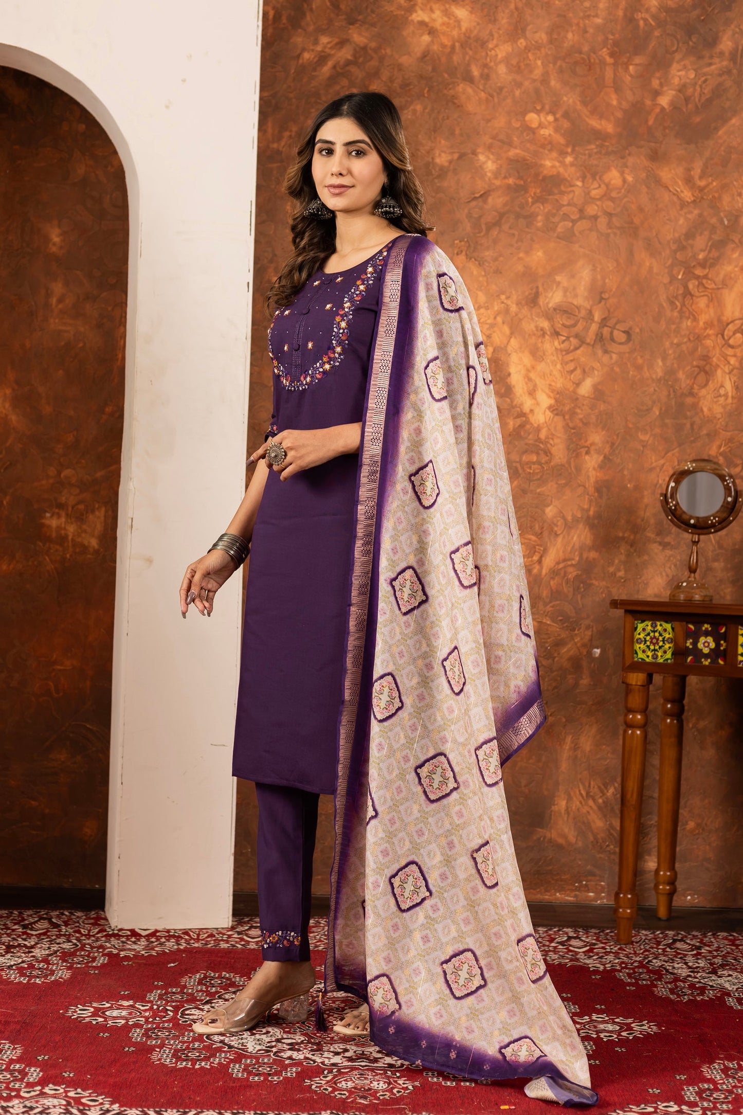 Lorenvalley Fashion Wine Marina Silk Multi Embroidery Thread with Hand work Kurta Pant Dupatta - Swadesiicart