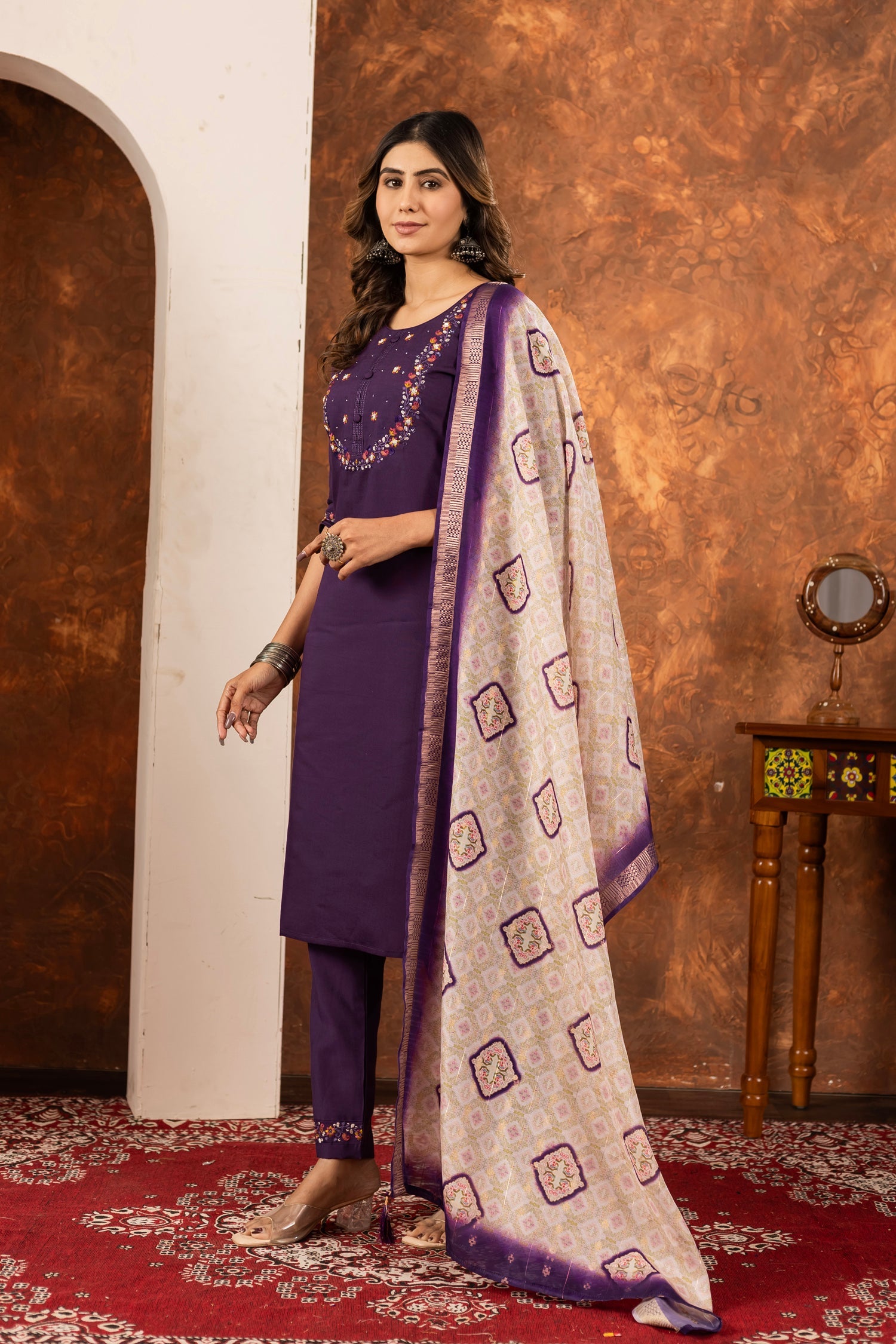 Lorenvalley Fashion Wine Marina Silk Multi Embroidery Thread with Hand work Kurta Pant Dupatta - Swadesiicart