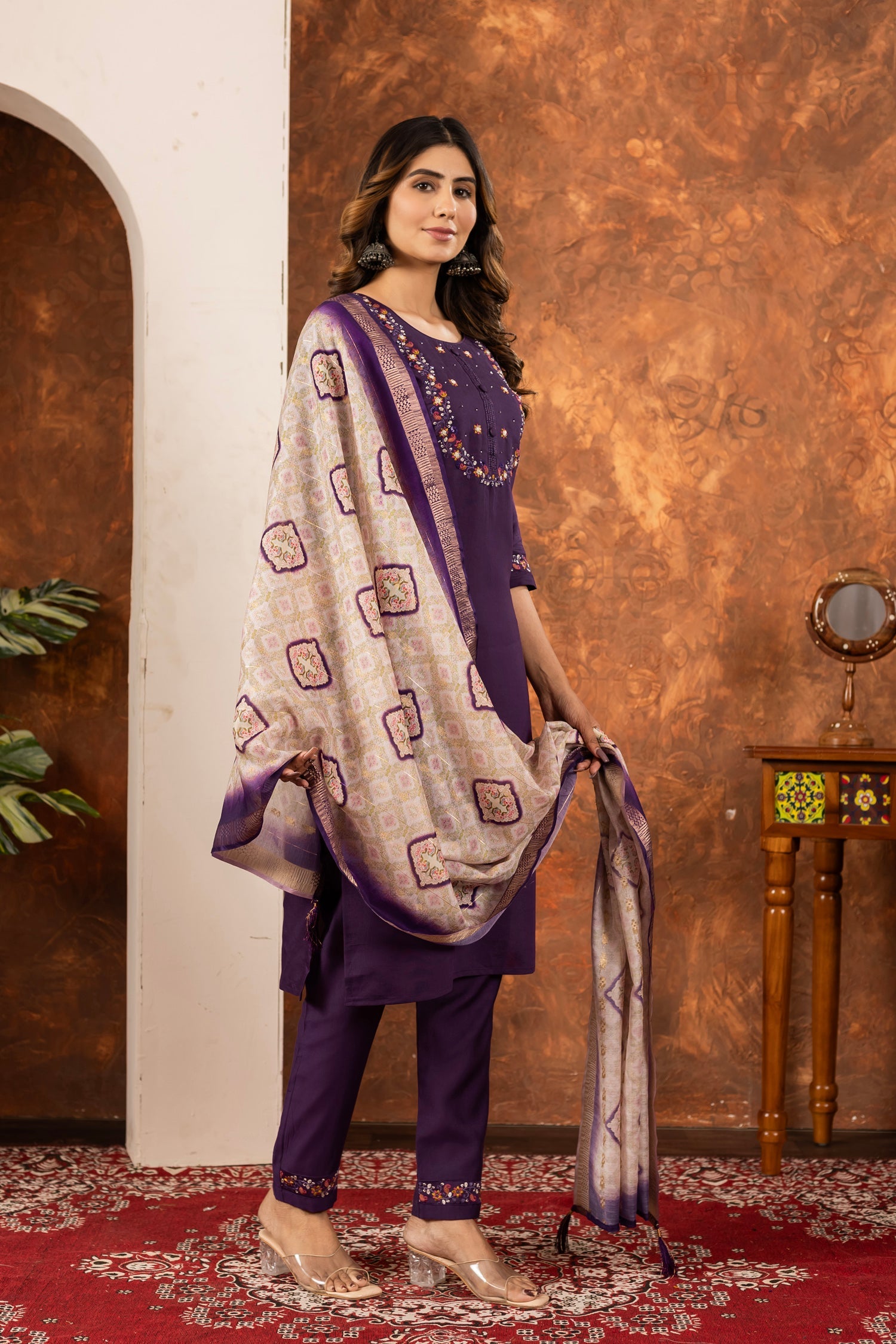 Lorenvalley Fashion Wine Marina Silk Multi Embroidery Thread with Hand work Kurta Pant Dupatta - Swadesiicart