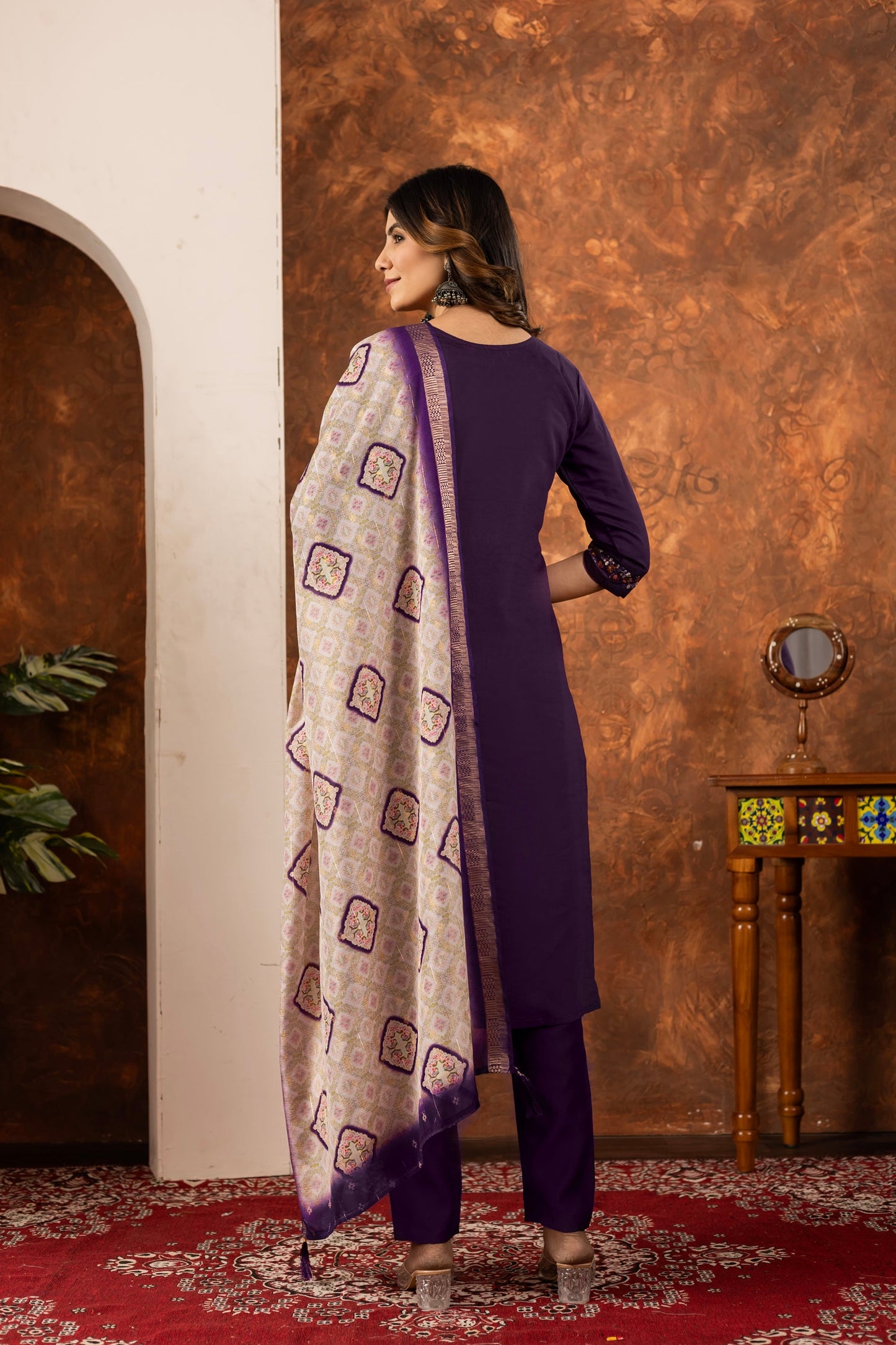Lorenvalley Fashion Wine Marina Silk Multi Embroidery Thread with Hand work Kurta Pant Dupatta - Swadesiicart