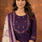 Lorenvalley Fashion Wine Marina Silk Multi Embroidery Thread with Hand work Kurta Pant Dupatta - Swadesiicart