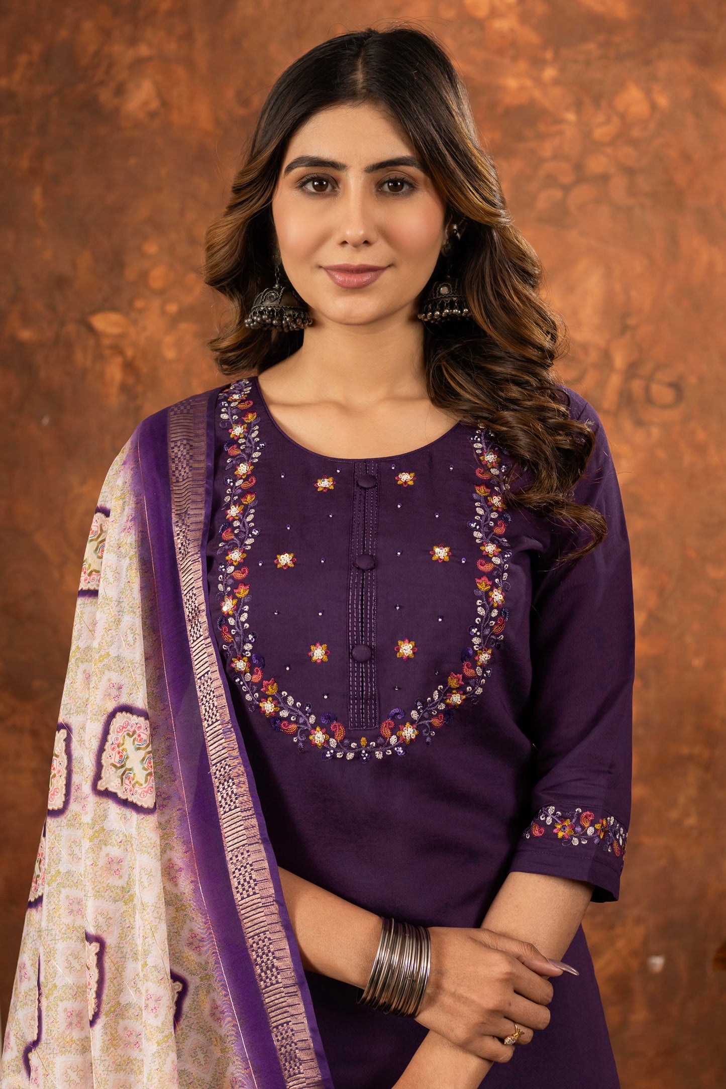Lorenvalley Fashion Wine Marina Silk Multi Embroidery Thread with Hand work Kurta Pant Dupatta - Swadesiicart