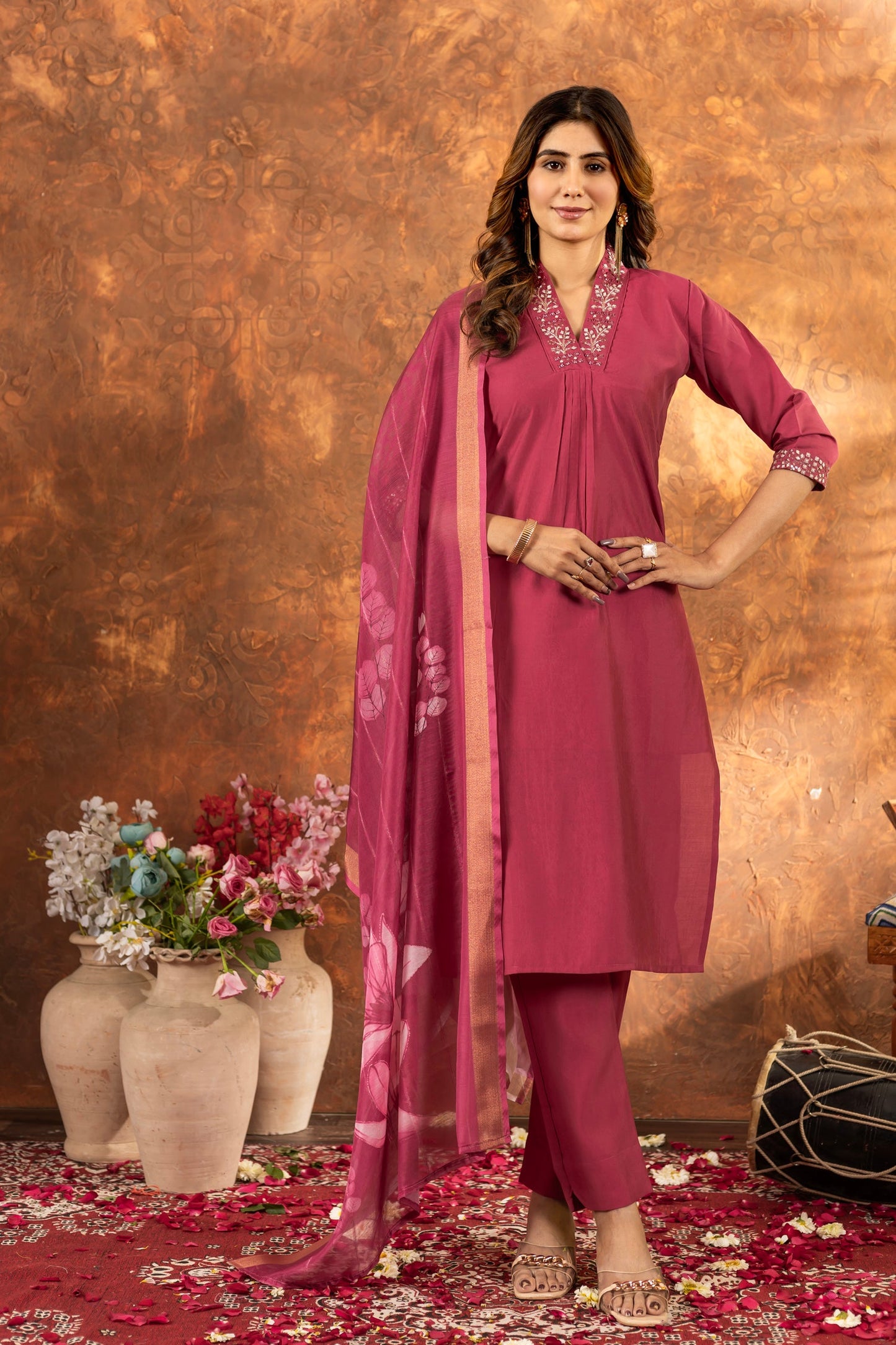 Lorenvalley Fashion Gajari Roman Silk Embroidery Sequins with Hand work Kurta Pant Dupatta | Swadesiicart