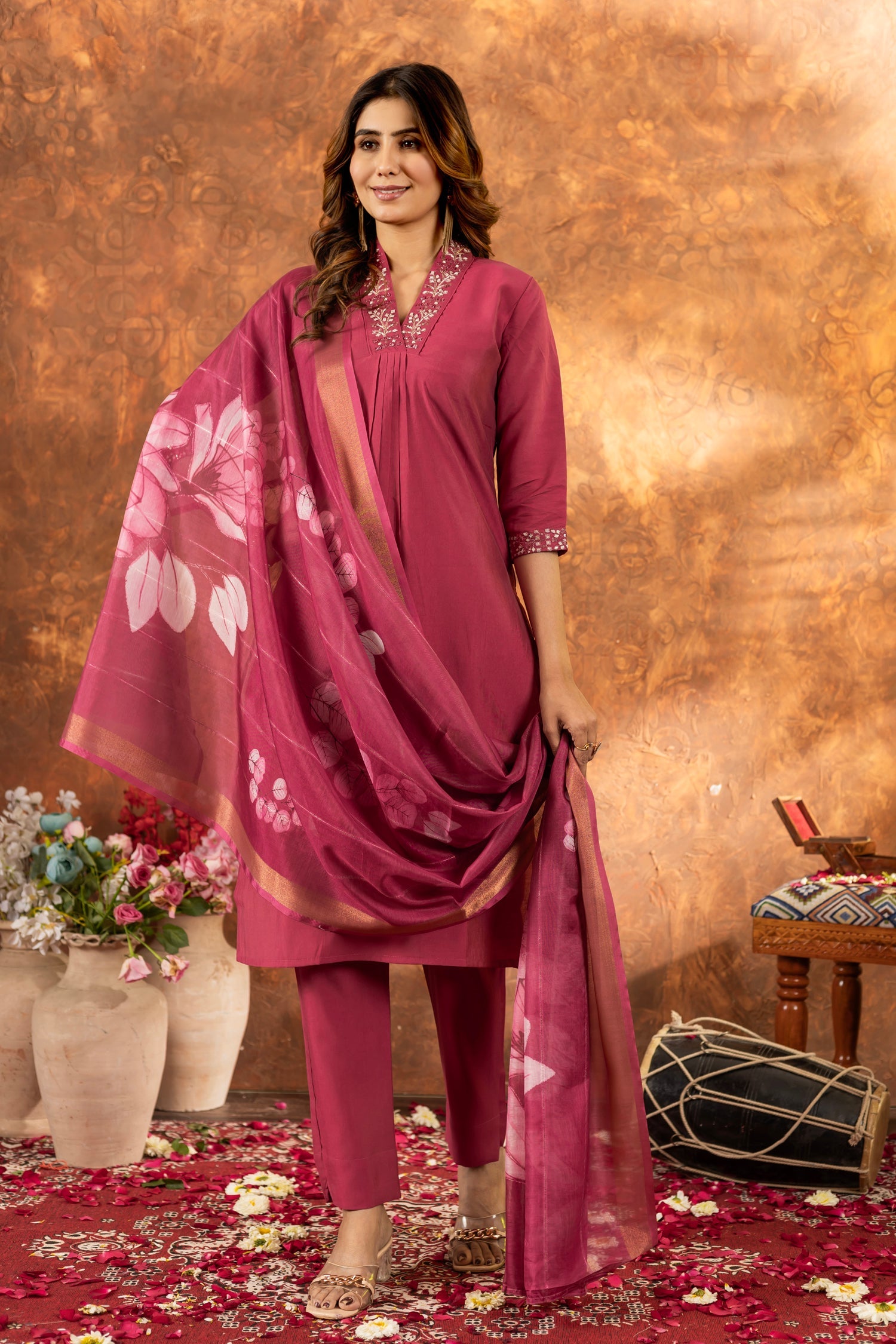 Lorenvalley Fashion Gajari Roman Silk Embroidery Sequins with Hand work Kurta Pant Dupatta | Swadesiicart