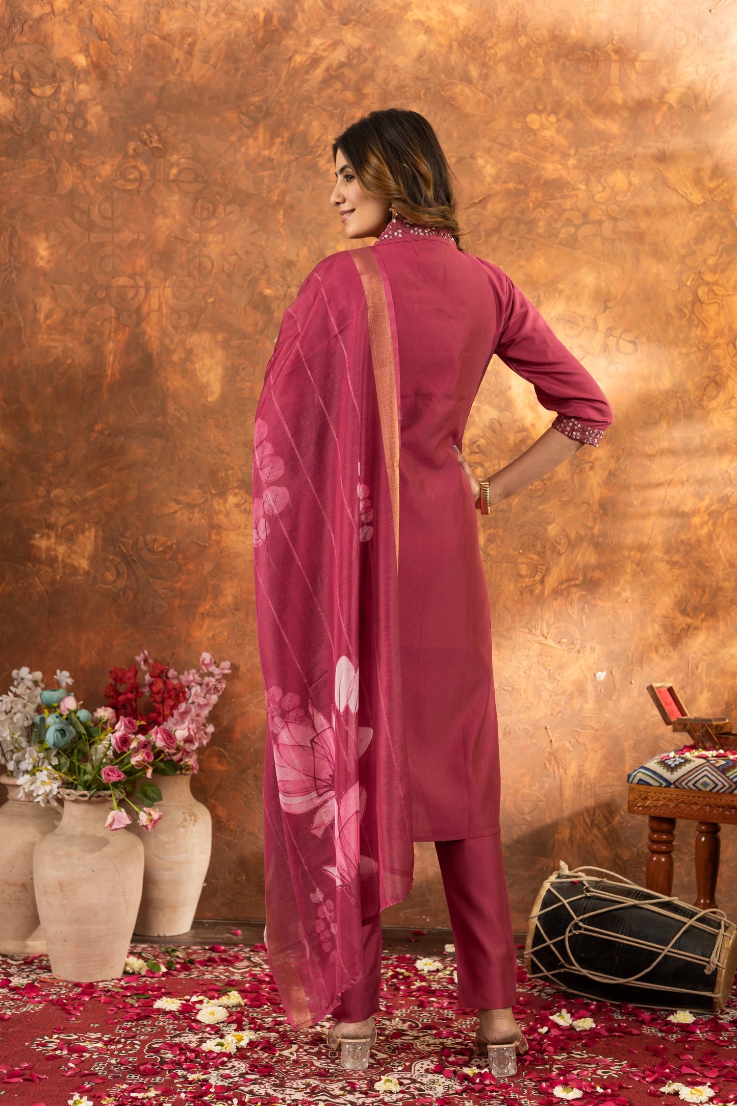 Lorenvalley Fashion Gajari Roman Silk Embroidery Sequins with Hand work Kurta Pant Dupatta | Swadesiicart