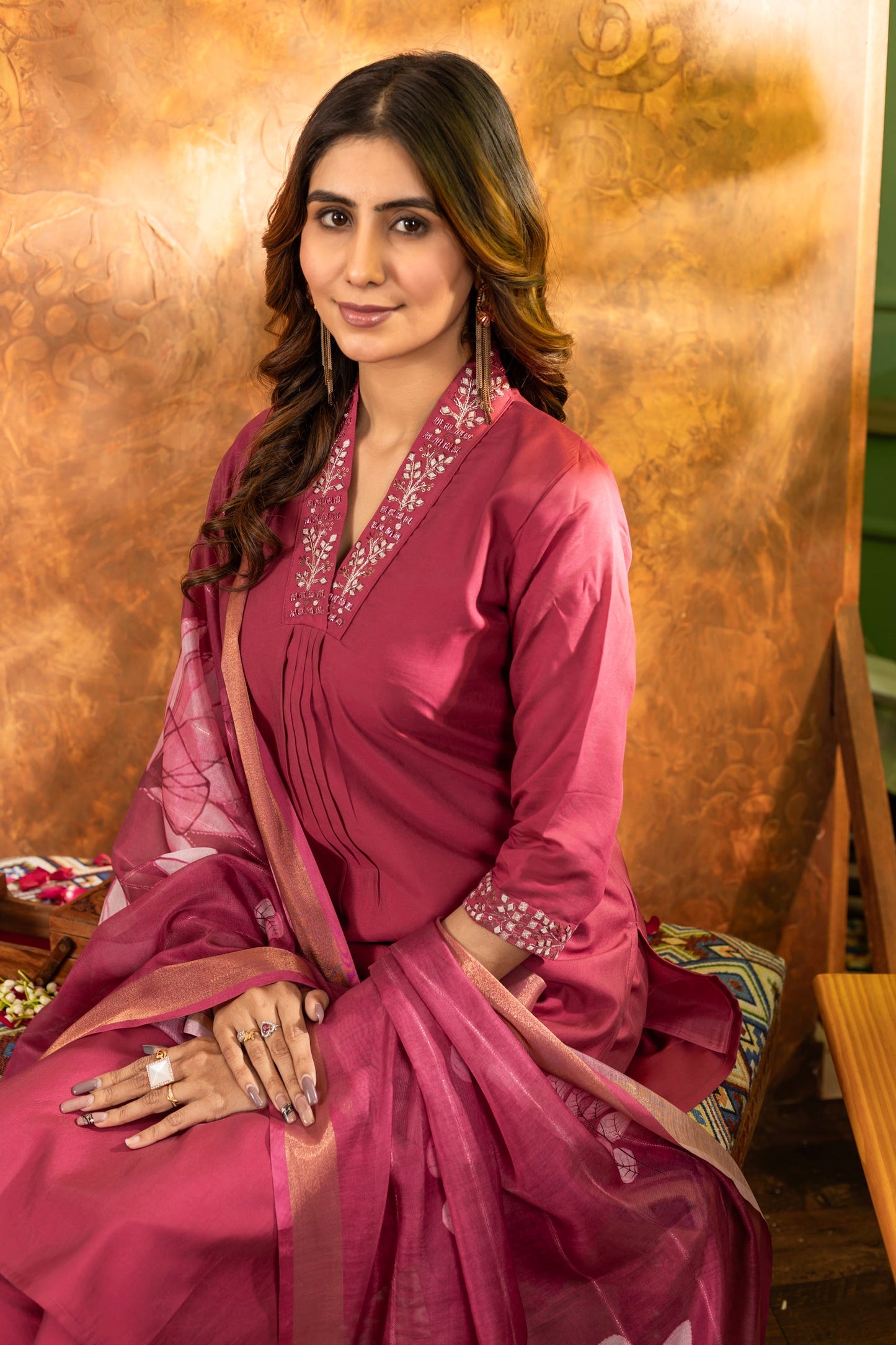 Lorenvalley Fashion Gajari Roman Silk Embroidery Sequins with Hand work Kurta Pant Dupatta | Swadesiicart