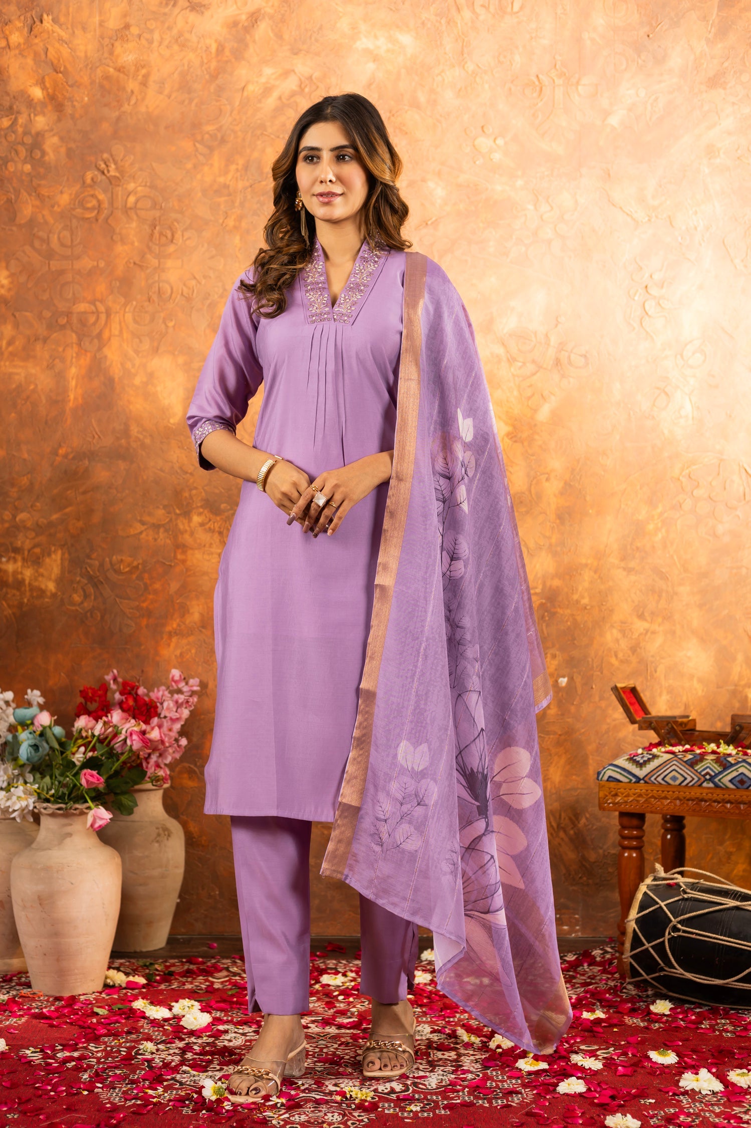 Lorenvalley Fashion Lavender Roman Silk Embroidery Sequins with Hand work Kurta Pant Dupatta | Swadesiicart